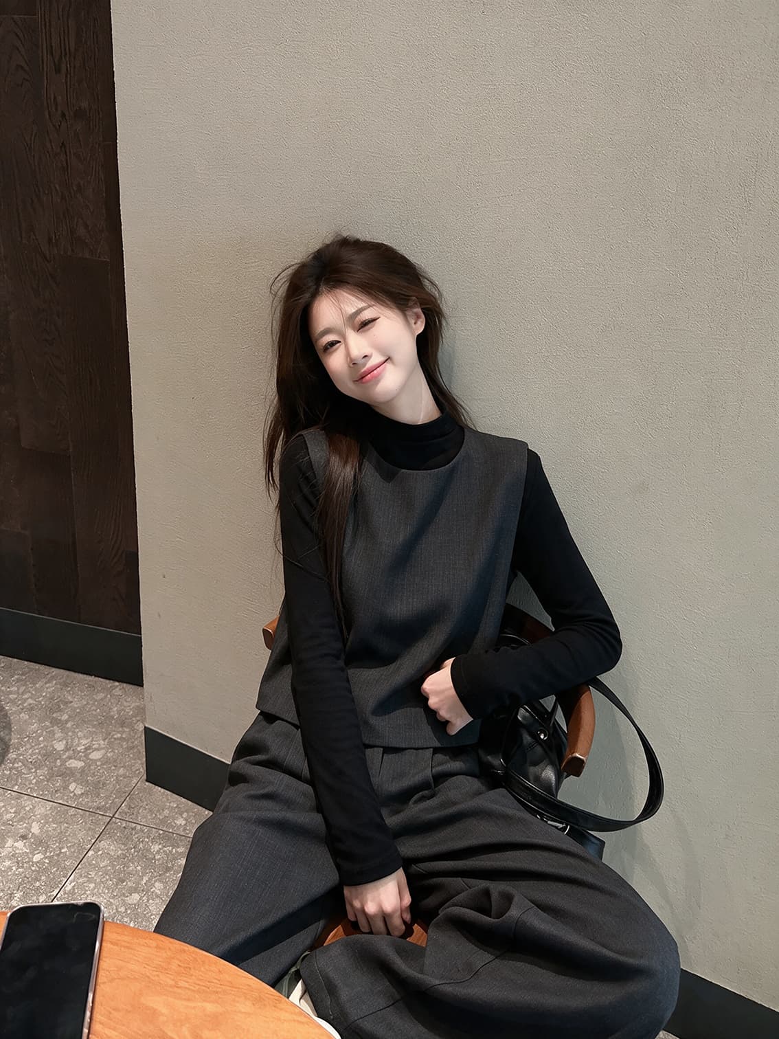 실사 빅 사이즈 여성 의류 가을 레트로 문예 품격 기본 셔츠 베스트 와이드 레그 팬츠 고급 센스 3종 세트 이미지 4
