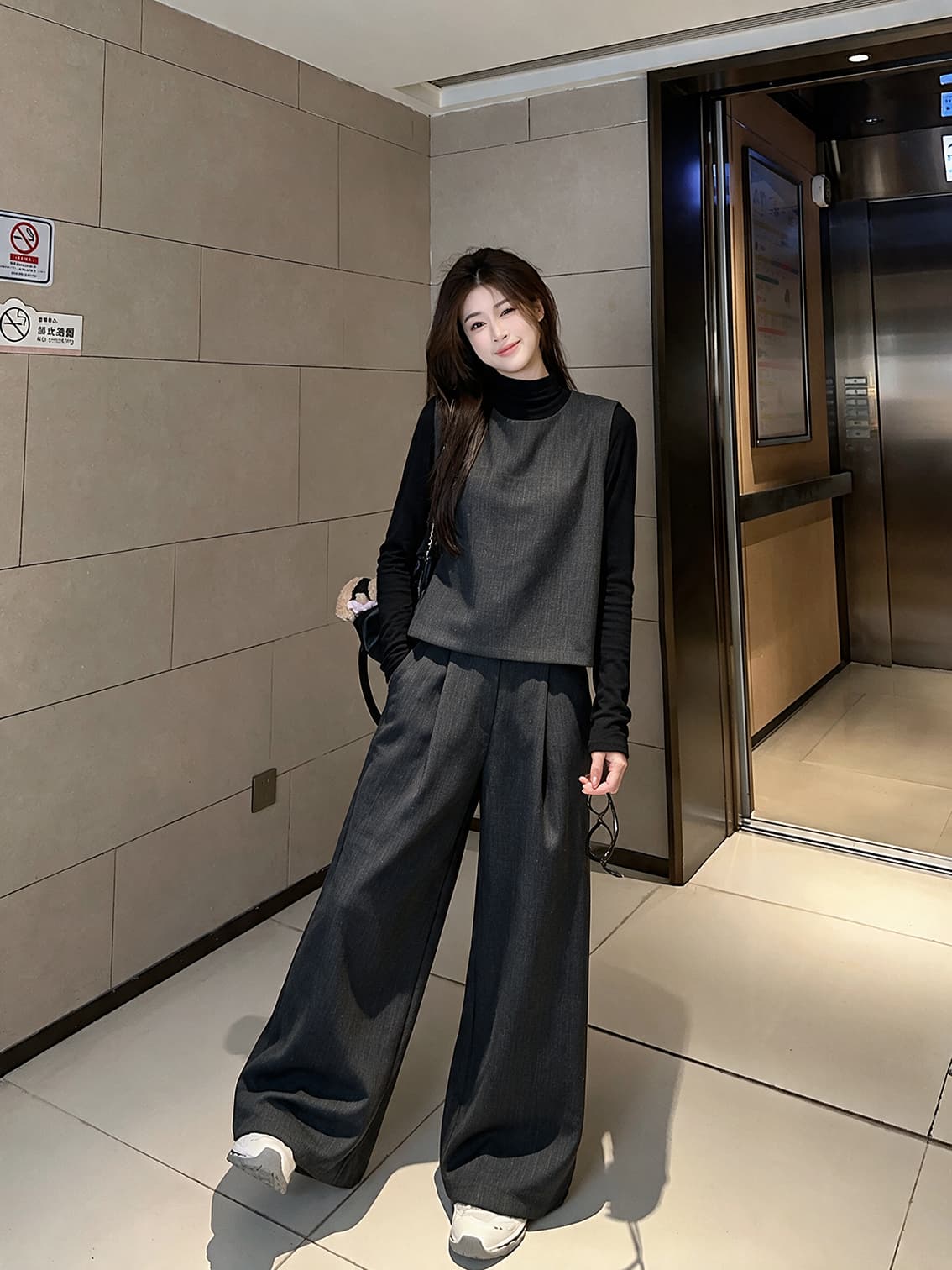 실사 빅 사이즈 여성 의류 가을 레트로 문예 품격 기본 셔츠 베스트 와이드 레그 팬츠 고급 센스 3종 세트 상세 이미지 2