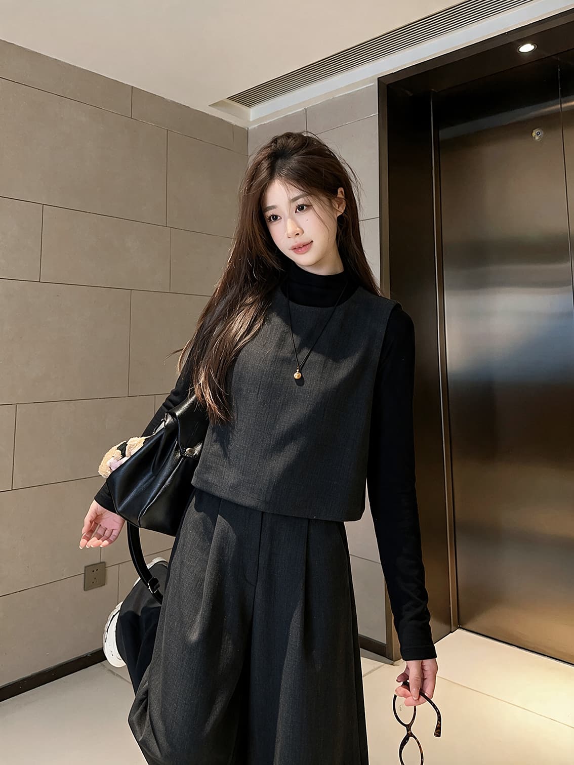 실사 빅 사이즈 여성 의류 가을 레트로 문예 품격 기본 셔츠 베스트 와이드 레그 팬츠 고급 센스 3종 세트 상세 이미지 4