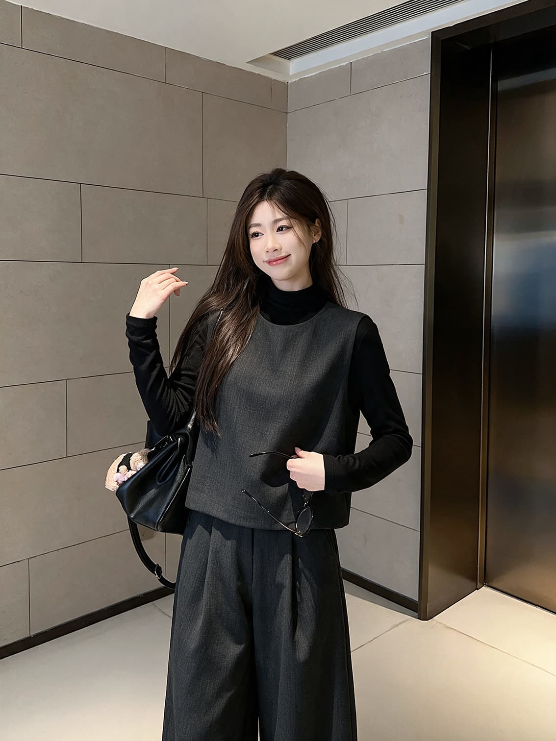 실사 빅 사이즈 여성 의류 가을 레트로 문예 품격 기본 셔츠 베스트 와이드 레그 팬츠 고급 센스 3종 세트 상세 이미지 5