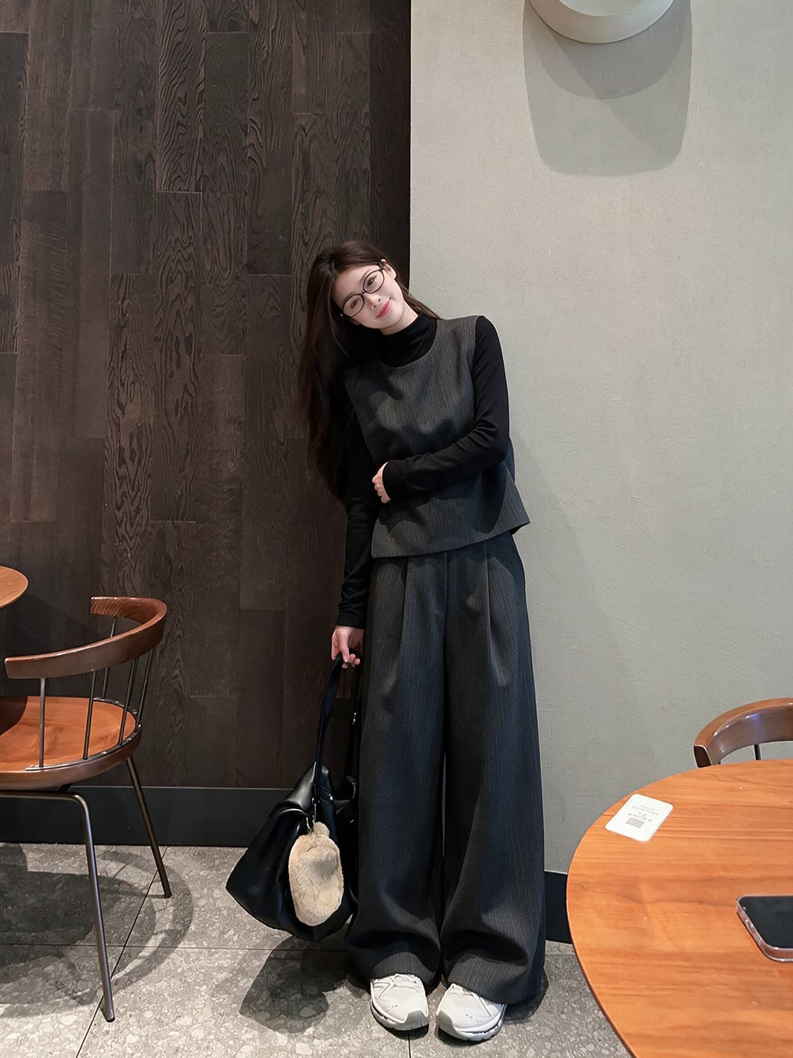 실사 빅 사이즈 여성 의류 가을 레트로 문예 품격 기본 셔츠 베스트 와이드 레그 팬츠 고급 센스 3종 세트 상세 이미지 6