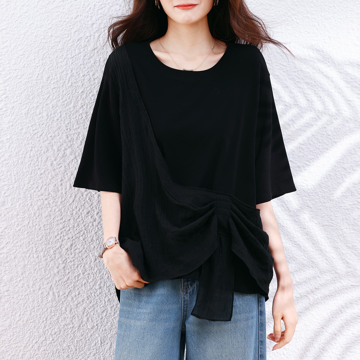 실사 빅 사이즈 불규칙 패치워크 페이크 레이어드 반팔 티셔츠 여성 여름 지방 mm 슬림해 보이는 루즈핏 복장 배 맨위 이미지 2