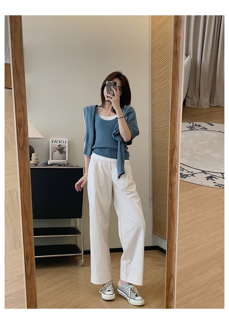 작은 키 핑크색 마이크로 주름 워싱 면 9 포인트 스트레이트 캐주얼 바지 여성 2026 봄 여름 하이웨이스트 좁은 에디션 와이드 레그 팬츠 상세 이미지 6