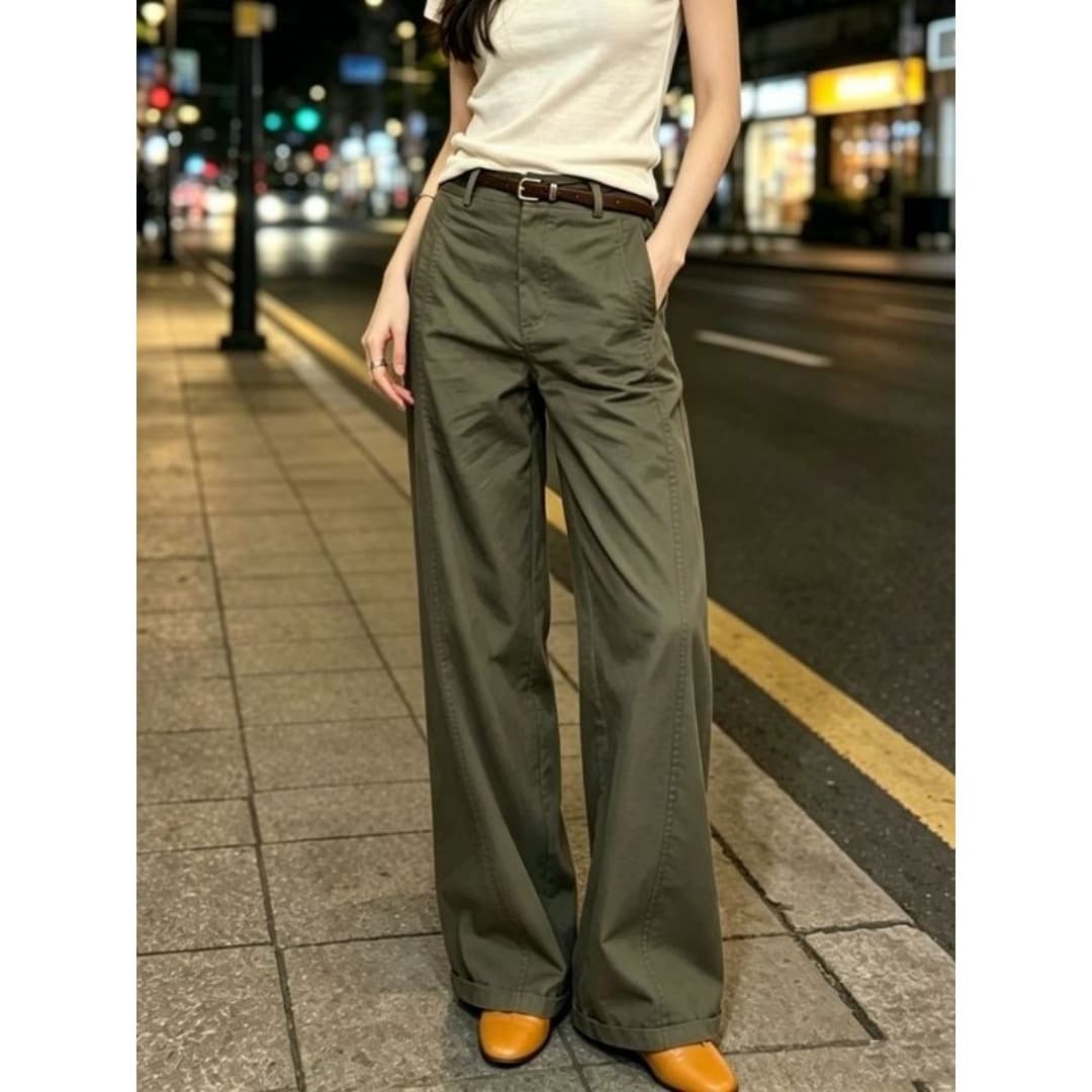 한 부서 캐주얼 다용도 카키 녹색 와이드 레깅스 바지 2026 새로운 느슨함 센스 출퇴근 루즈핏 미니멀리즘 캐주얼 긴 바지 이미지 5