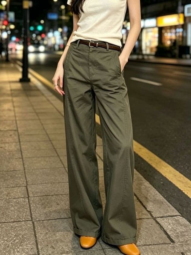 한 부서 캐주얼 다용도 카키 녹색 와이드 레깅스 바지 2026 새로운 느슨함 센스 출퇴근 루즈핏 미니멀리즘 캐주얼 긴 바지 상세 이미지 1