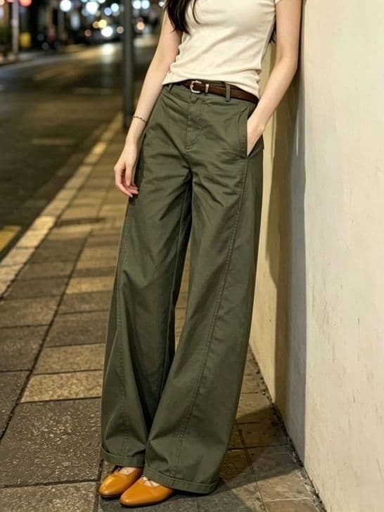 한 부서 캐주얼 다용도 카키 녹색 와이드 레깅스 바지 2026 새로운 느슨함 센스 출퇴근 루즈핏 미니멀리즘 캐주얼 긴 바지 상세 이미지 4