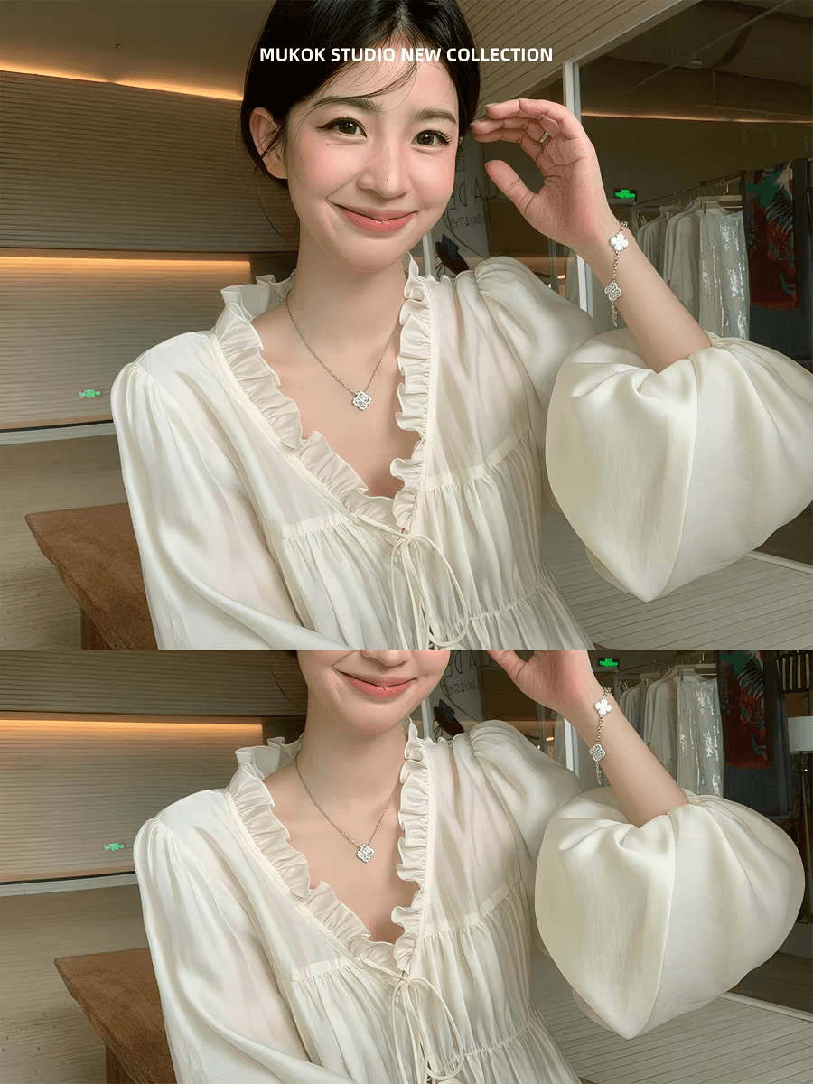 mukok 프랑스식 화이트 프릴 V넥 거품 소매 여성 셔츠 봄 새로운 우아한 달콤함 연령 감소 쉬폰 블라우스 이미지 4