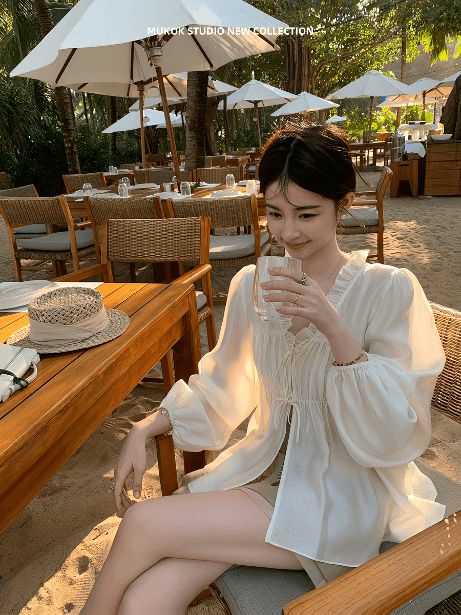 mukok 프랑스식 화이트 프릴 V넥 거품 소매 여성 셔츠 봄 새로운 우아한 달콤함 연령 감소 쉬폰 블라우스 상세 이미지 3