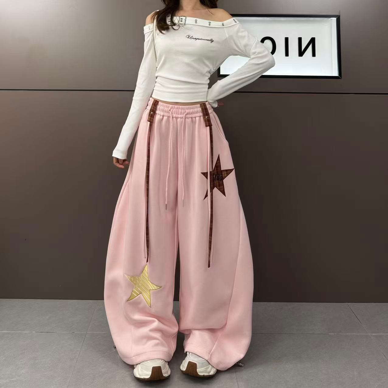 2026 년 봄 새로운 패션 별 패치 자수 연령 감소 리본 루즈핏 슬림해 보이는 캐주얼 바지 상세 이미지 3