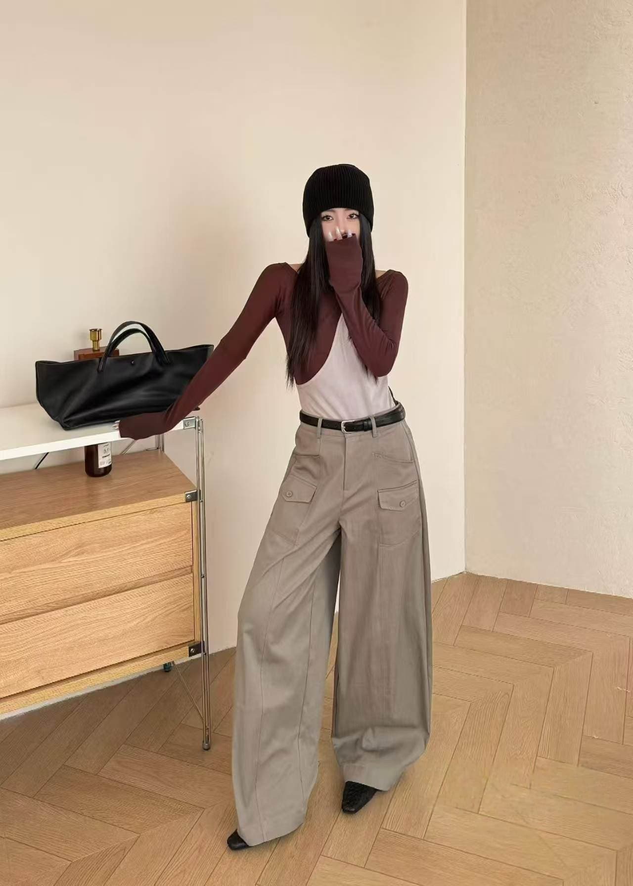 2026 가을 새로운 생태학 면 패션 코디 레트로 루즈핏 워크웨어 팬츠 여성 가을 하이웨이스트 넓은 다리 캐주얼 바지 상세 이미지 1