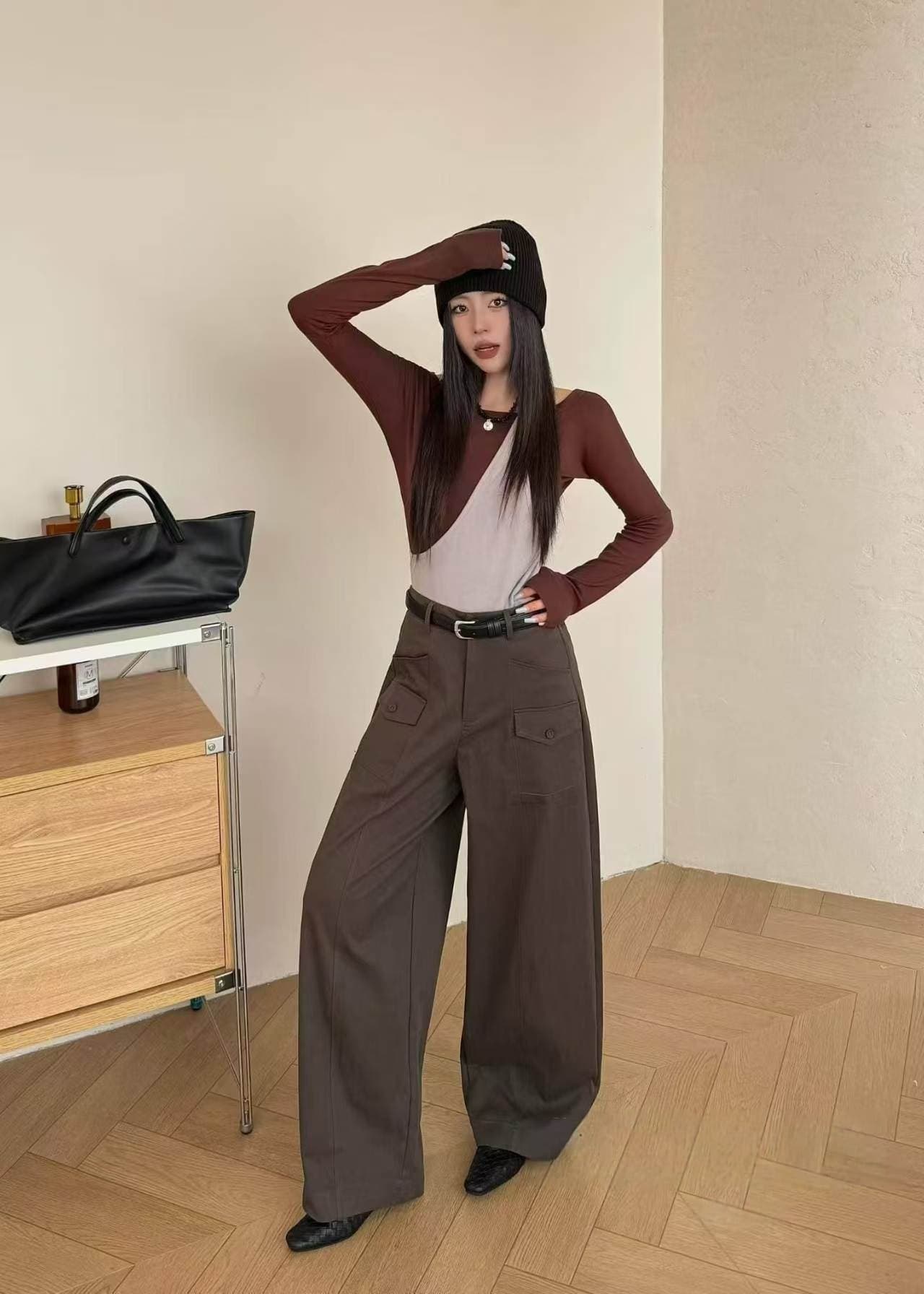 2026 가을 새로운 생태학 면 패션 코디 레트로 루즈핏 워크웨어 팬츠 여성 가을 하이웨이스트 넓은 다리 캐주얼 바지 상세 이미지 7
