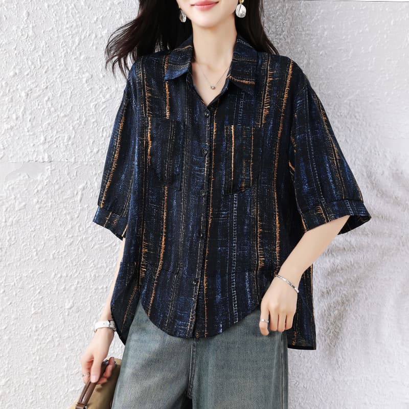 2026 여름 새로운 빅 사이즈 블루 골드 세로 줄무늬 여성 셔츠 지방 mm 표지 고기 슬림해 보이는 루즈핏 중간 소매 맨위 이미지 2