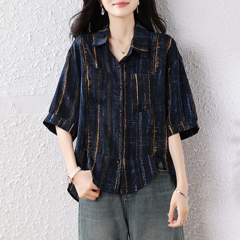 2026 여름 새로운 빅 사이즈 블루 골드 세로 줄무늬 여성 셔츠 지방 mm 표지 고기 슬림해 보이는 루즈핏 중간 소매 맨위 이미지 5
