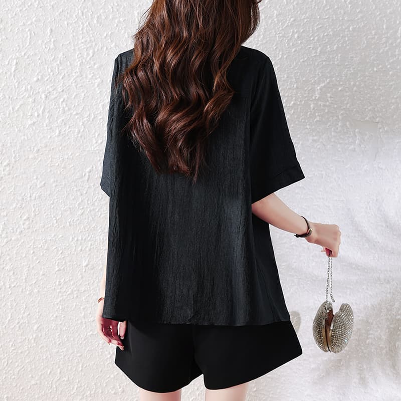 고급 주간 실크 주름 시폰 셔츠 여성 2026 여름 새로운 루즈핏 빅 사이즈 표지 배 슬림해 보이는 라운드 넥 반팔 맨위 이미지 5