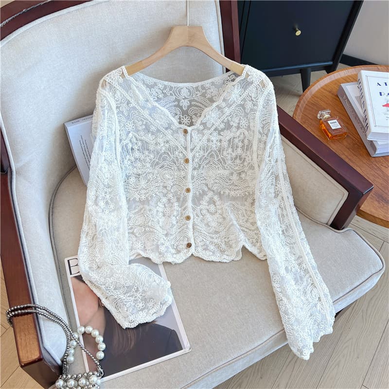 실사 빅 사이즈 프랑스식 V넥 자수 홀로우 아웃 자외선 차단 긴팔 셔츠 레이스 얇은 스타일 외부 가져 가라. 오픈 가디건 맨위 상세 이미지 10