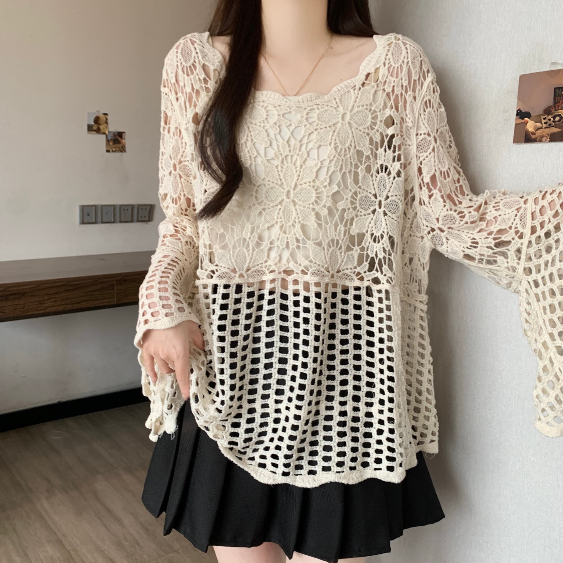 실사 빅 사이즈 지방 mm 여름 새로운 한 부서 미니멀리즘 홀로우 아웃 자수 블라우스 무거운 작업 홀로우 아웃 블라우스 상세 이미지 7