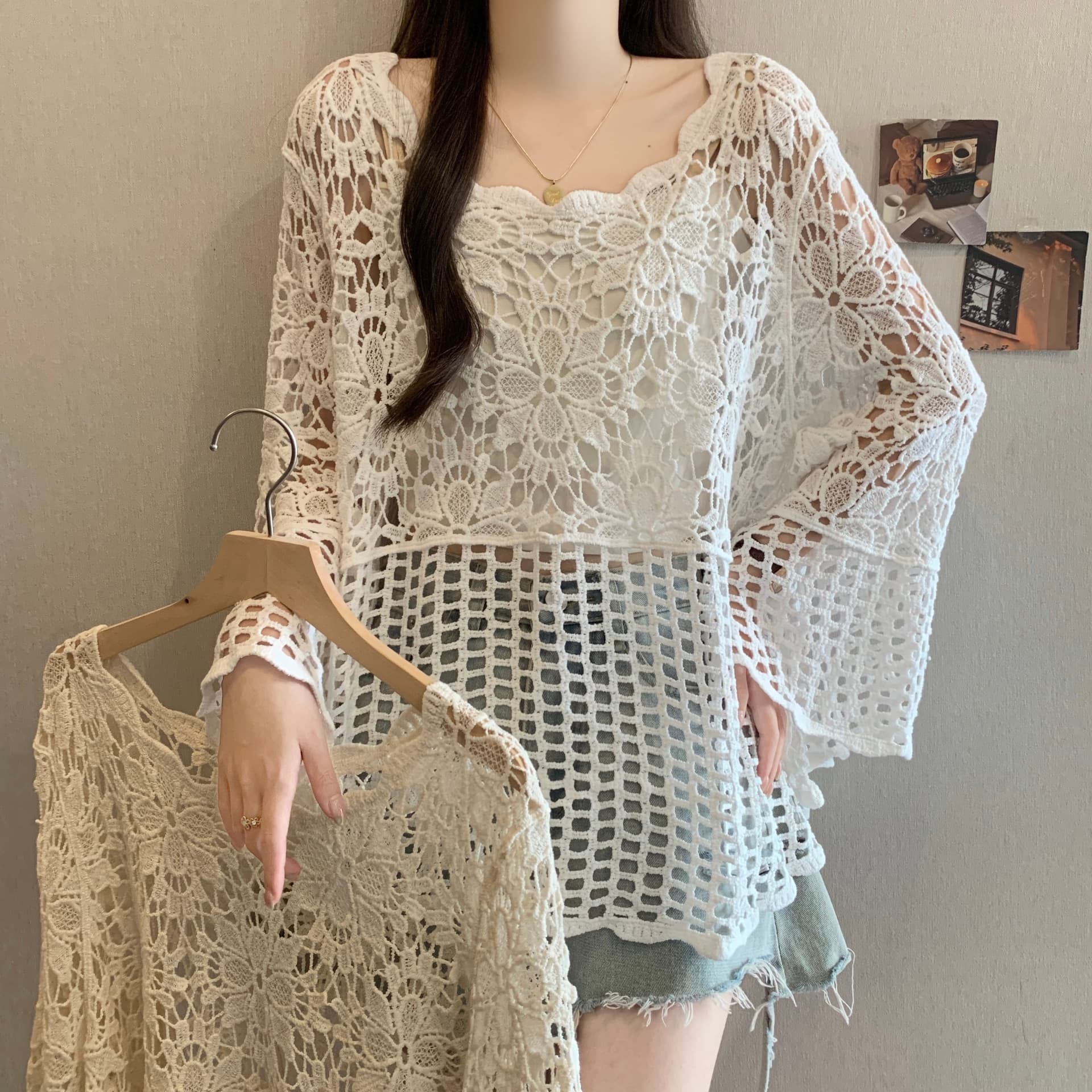 실사 빅 사이즈 지방 mm 여름 새로운 한 부서 미니멀리즘 홀로우 아웃 자수 블라우스 무거운 작업 홀로우 아웃 블라우스 상세 이미지 11