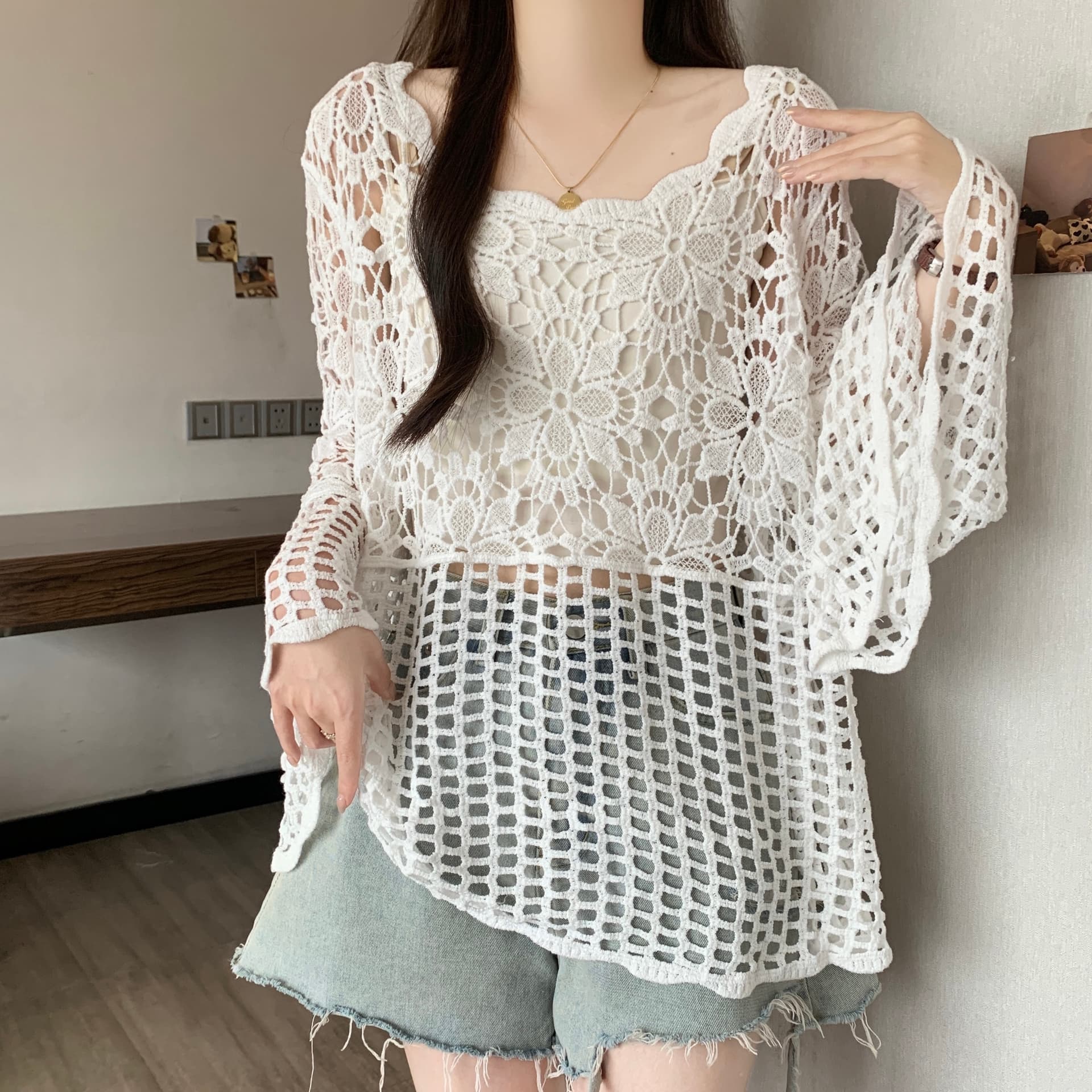 실사 빅 사이즈 지방 mm 여름 새로운 한 부서 미니멀리즘 홀로우 아웃 자수 블라우스 무거운 작업 홀로우 아웃 블라우스 상세 이미지 14