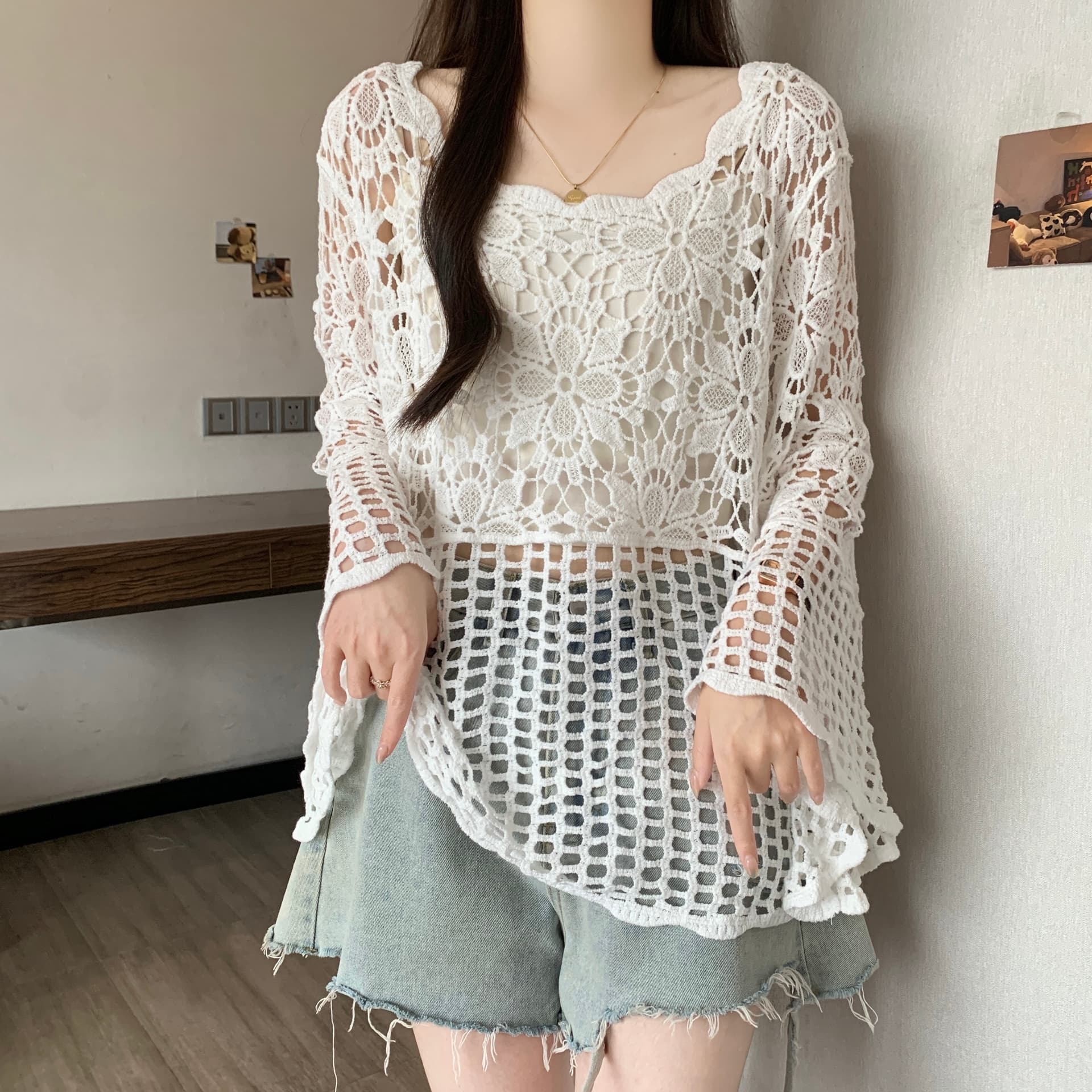 실사 빅 사이즈 지방 mm 여름 새로운 한 부서 미니멀리즘 홀로우 아웃 자수 블라우스 무거운 작업 홀로우 아웃 블라우스 상세 이미지 16