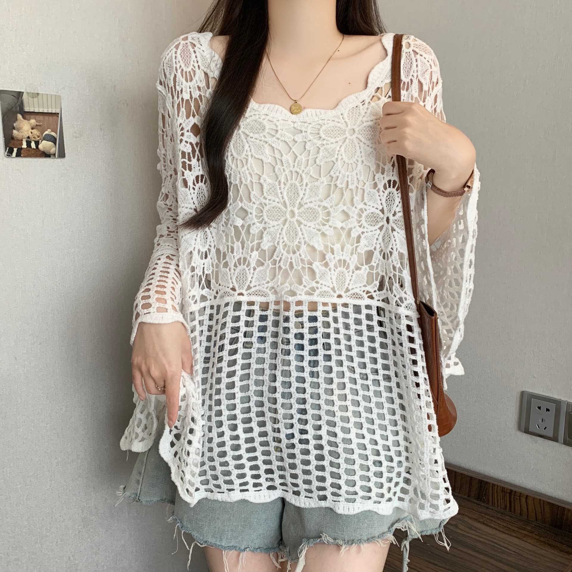실사 빅 사이즈 지방 mm 여름 새로운 한 부서 미니멀리즘 홀로우 아웃 자수 블라우스 무거운 작업 홀로우 아웃 블라우스 상세 이미지 18