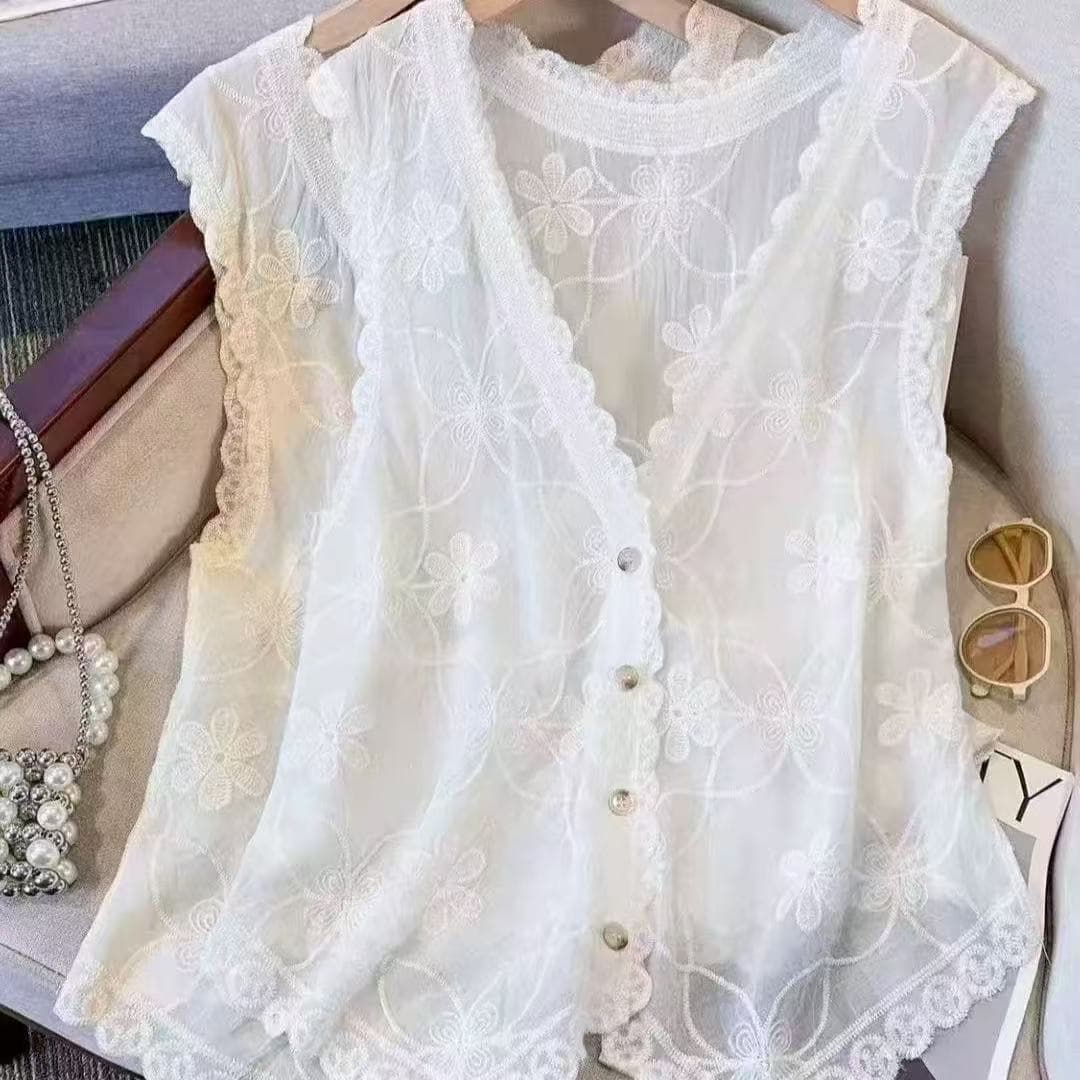 실사 빅 사이즈 여름 루즈핏 지방 mm 캐주얼 홀로우 아웃 오픈 가디건 베스트 외부 가져 가라. 민소매 자수 조끼 상세 이미지 3