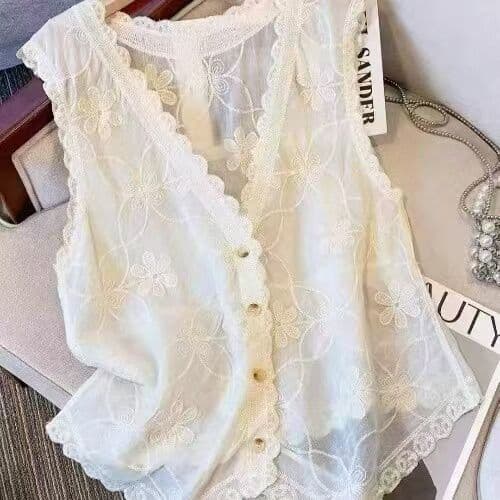 실사 빅 사이즈 여름 루즈핏 지방 mm 캐주얼 홀로우 아웃 오픈 가디건 베스트 외부 가져 가라. 민소매 자수 조끼 상세 이미지 8
