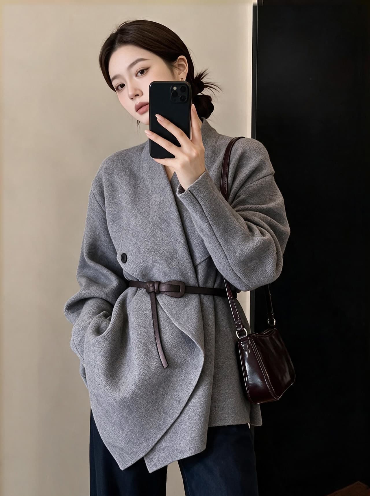 실사 한 부서 불규칙 폴로 칼라 재킷 맨위 허리 수축 단색 중간 길이 외부 가져 가라. 카디건 코트 이미지 3