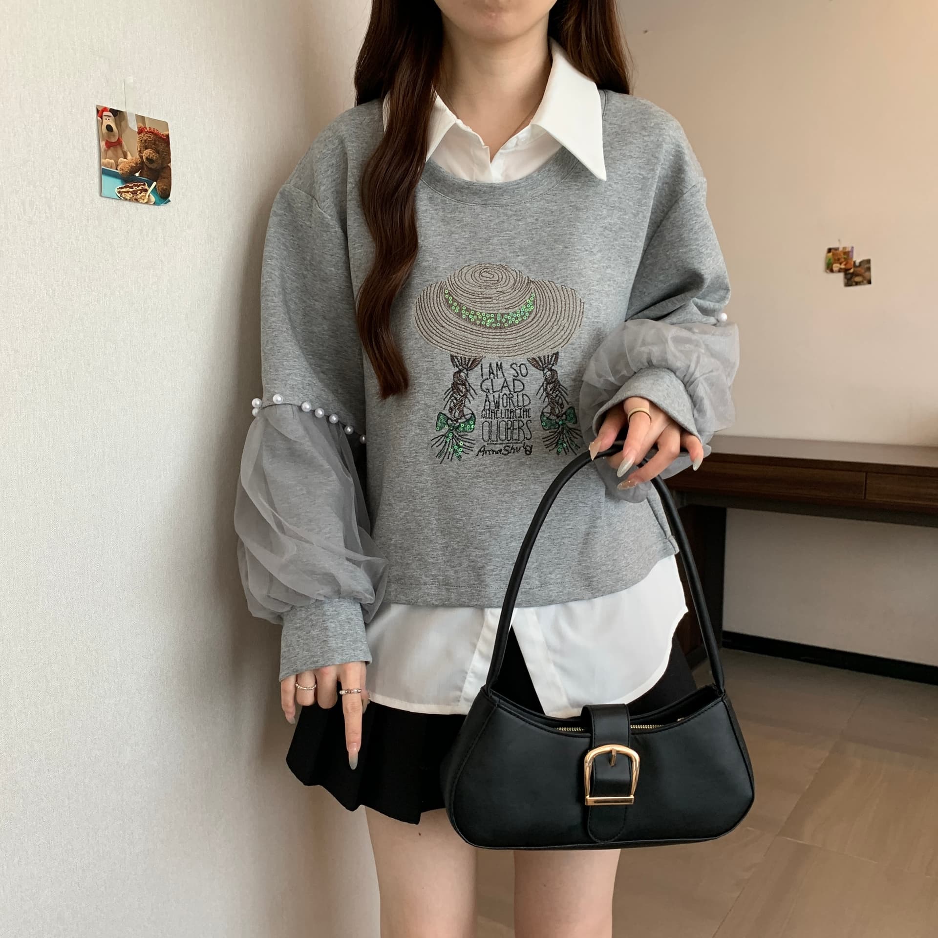 망사 비즈 박기 패치워크 페이크 레이어드 후드티 여성 지방 mm 디자인 센스 밀짚모자 소녀 루즈핏 슬림해 보이는 POLO 칼라 맨위 이미지 5
