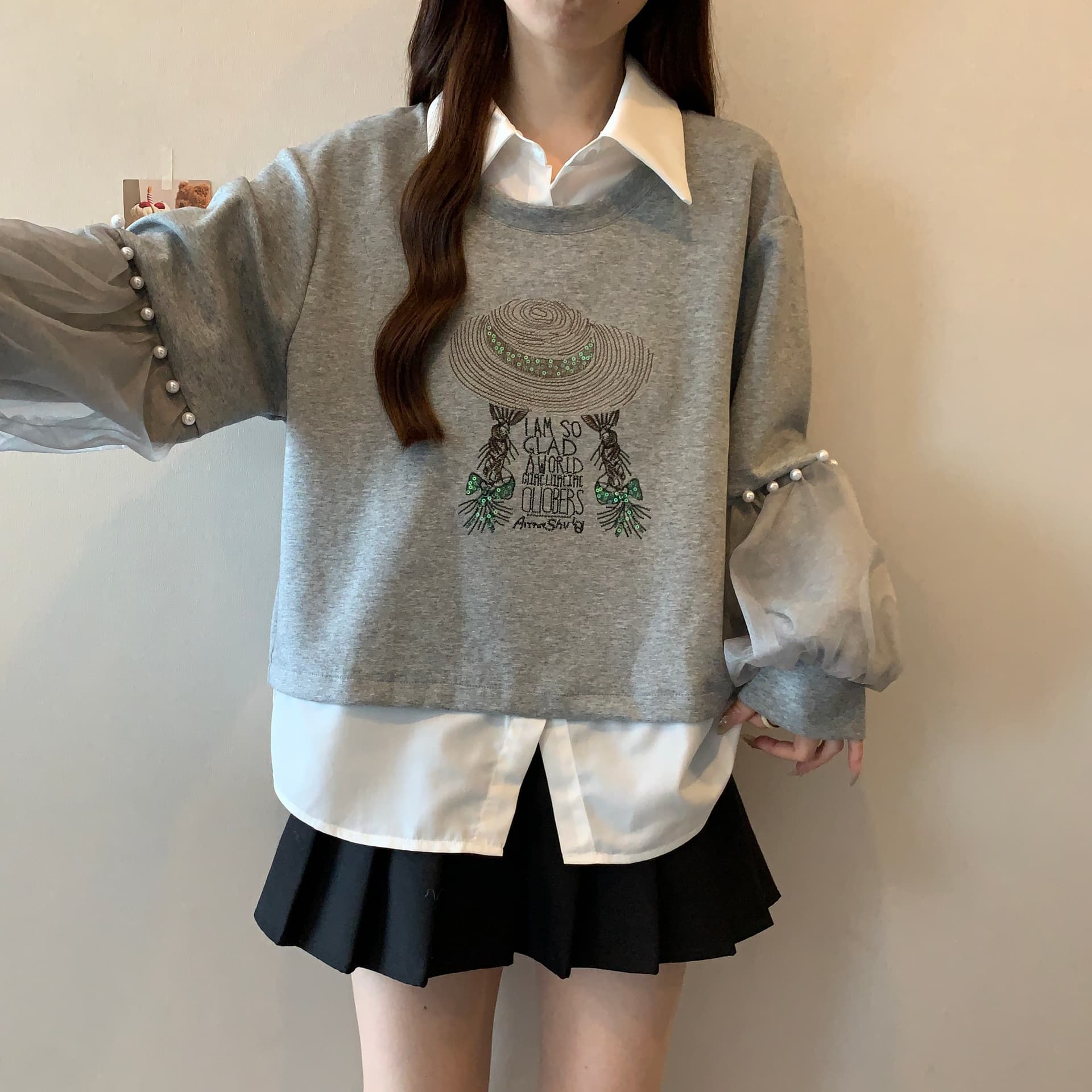 망사 비즈 박기 패치워크 페이크 레이어드 후드티 여성 지방 mm 디자인 센스 밀짚모자 소녀 루즈핏 슬림해 보이는 POLO 칼라 맨위 이미지 6