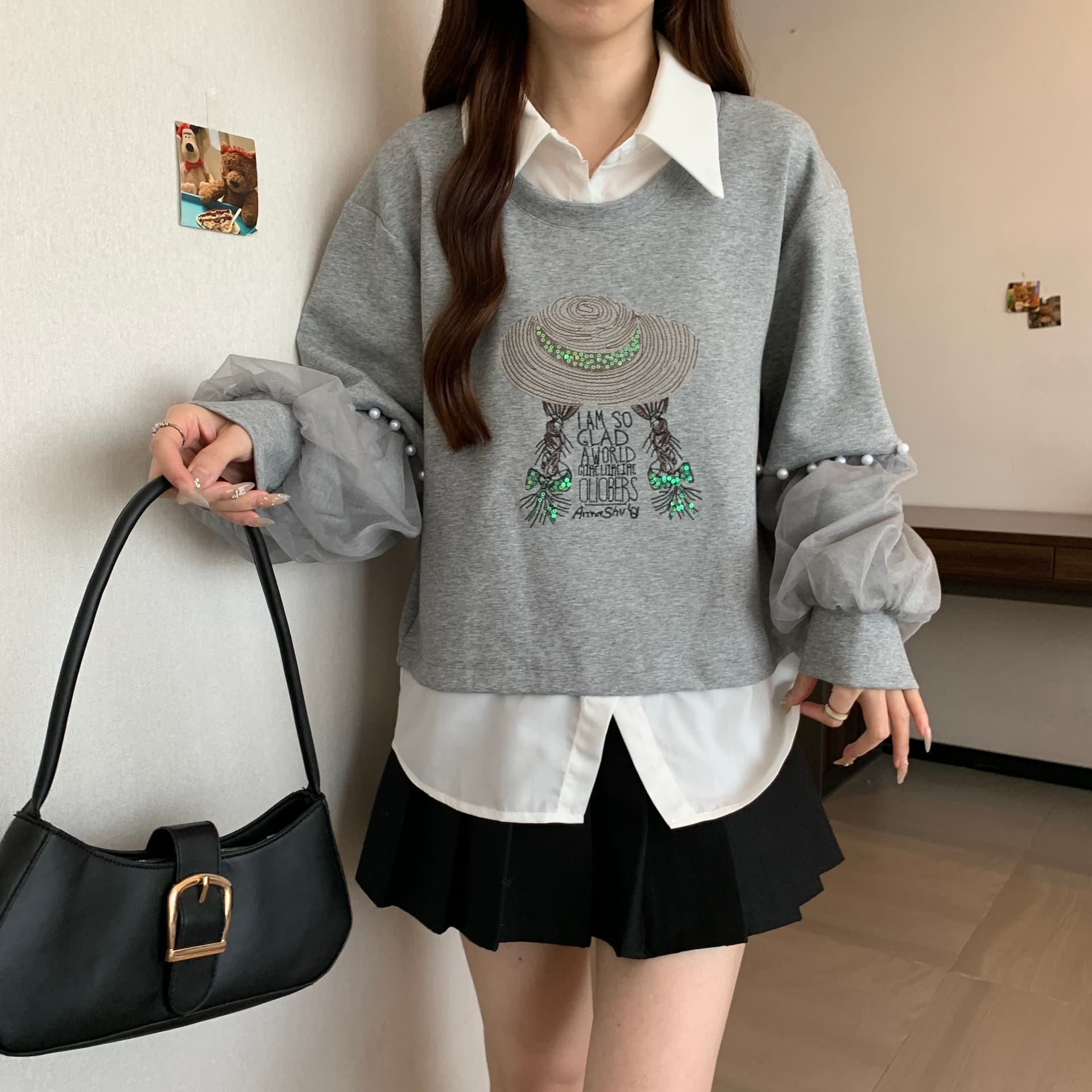 망사 비즈 박기 패치워크 페이크 레이어드 후드티 여성 지방 mm 디자인 센스 밀짚모자 소녀 루즈핏 슬림해 보이는 POLO 칼라 맨위 상세 이미지 10