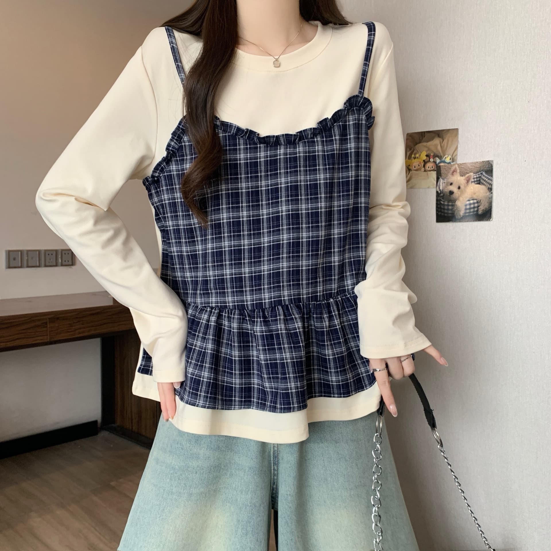 빅 사이즈 봄 드레스 여성 2026 년 새로운 긴팔 티셔츠 여성 체크무늬 패치워크 페이크 레이어드 프릴 맨위 이미지 5