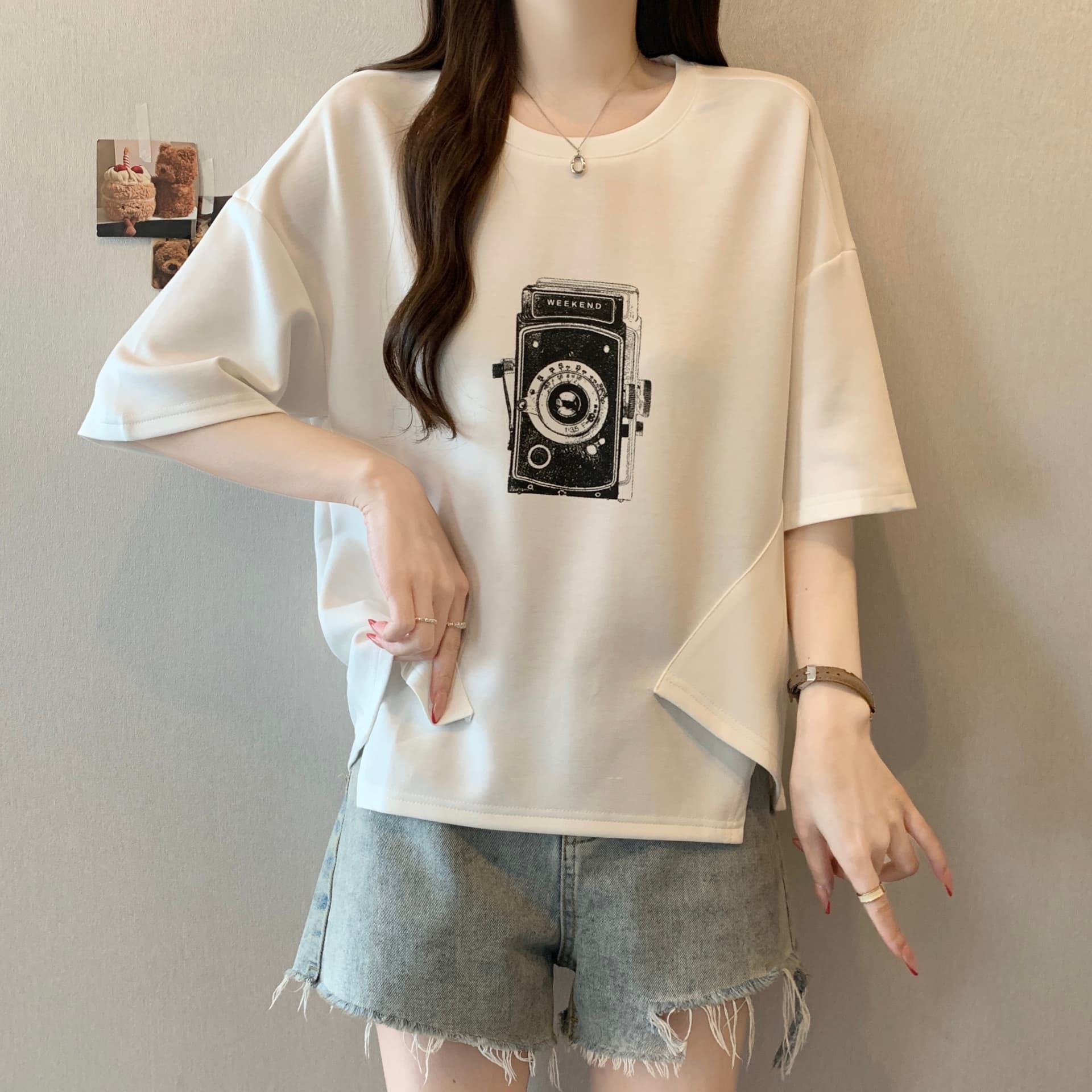 지방 mm 새로운 패션 프린트 패치워크 색상 불규칙 티셔츠 여성 루즈핏 슬림해 보이는 캐주얼 다용도 작은 대중 맨위 이미지 4