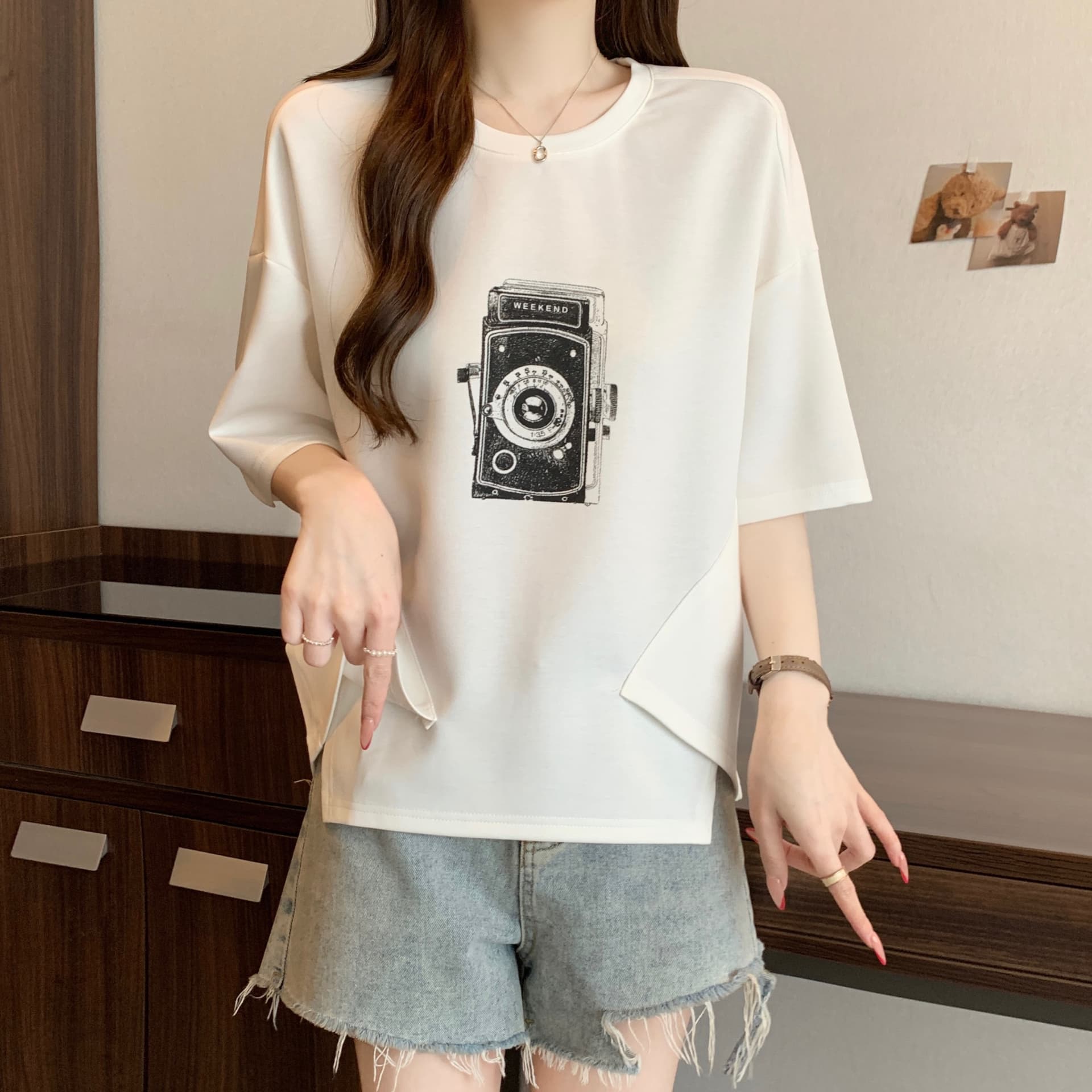 지방 mm 새로운 패션 프린트 패치워크 색상 불규칙 티셔츠 여성 루즈핏 슬림해 보이는 캐주얼 다용도 작은 대중 맨위 이미지 6