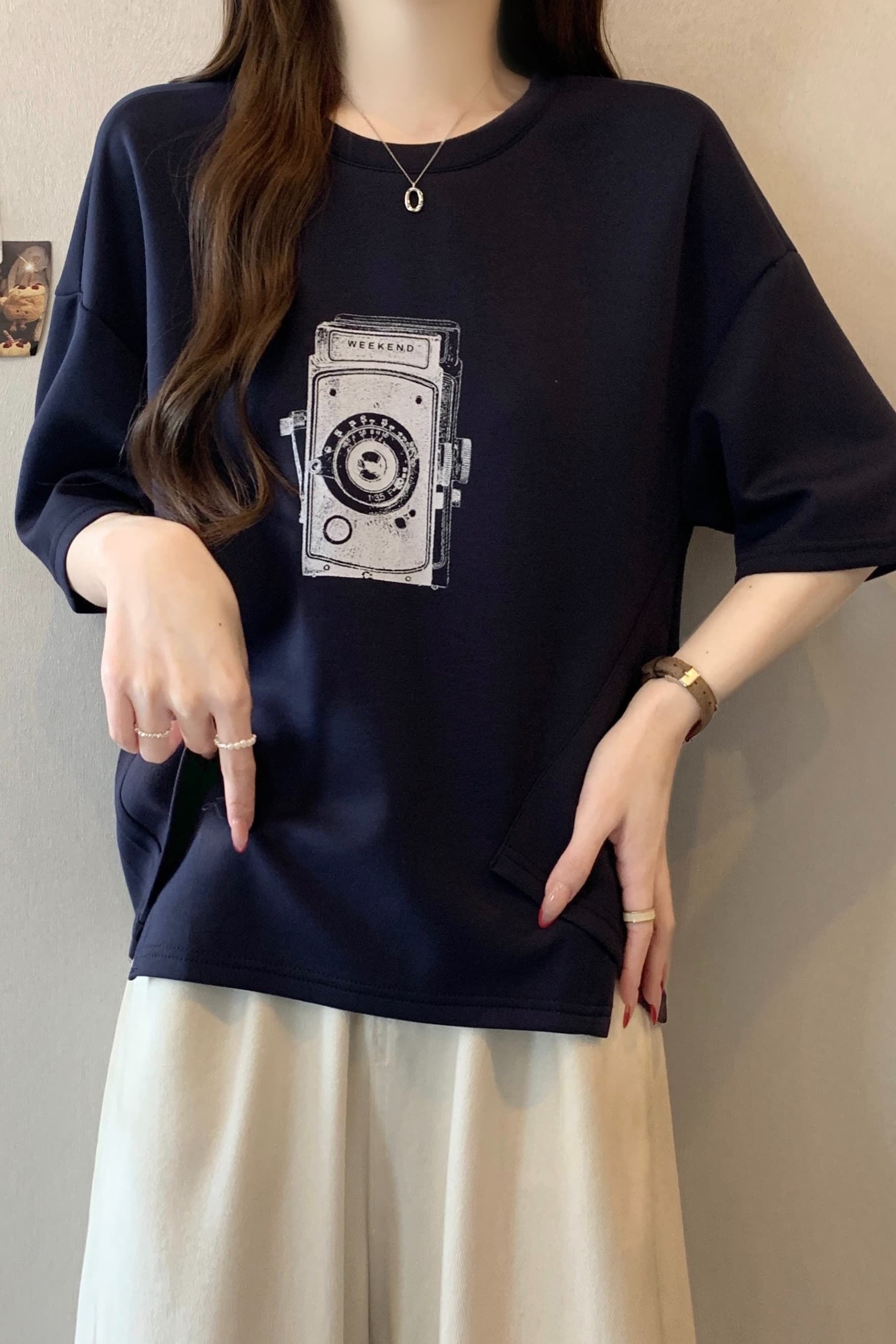 지방 mm 새로운 패션 프린트 패치워크 색상 불규칙 티셔츠 여성 루즈핏 슬림해 보이는 캐주얼 다용도 작은 대중 맨위 이미지 7