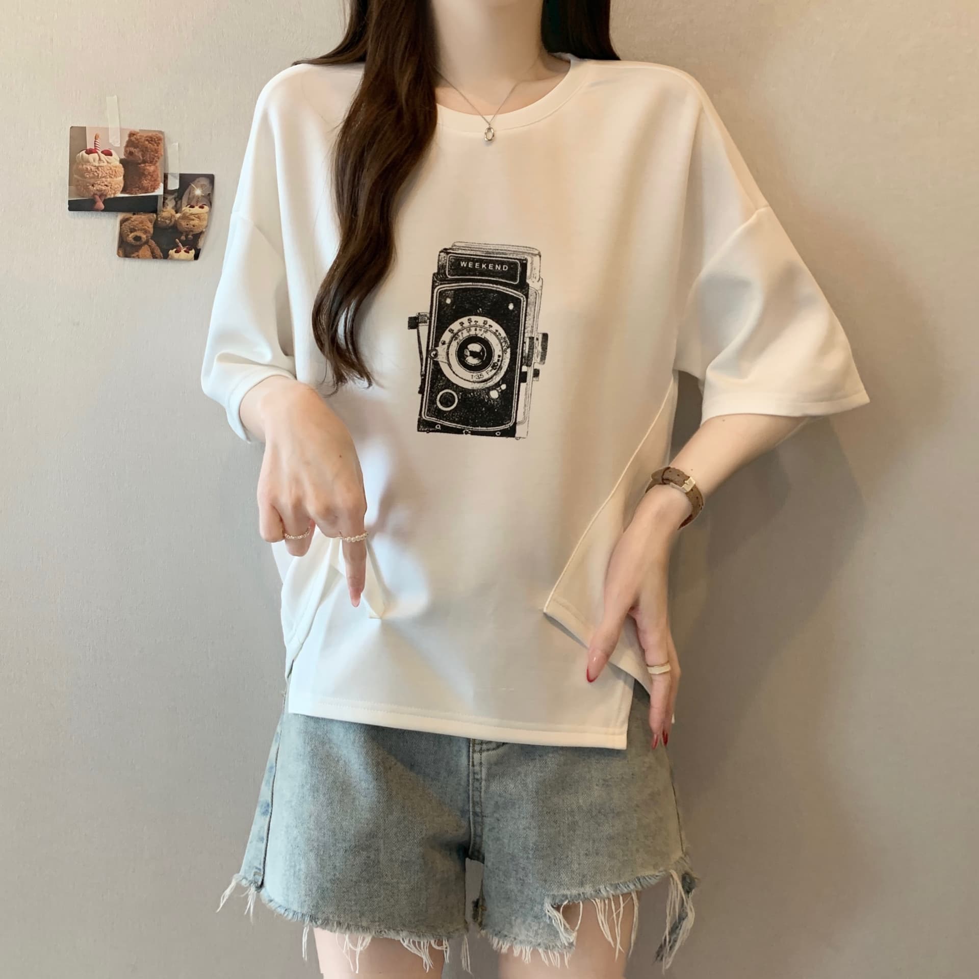지방 mm 새로운 패션 프린트 패치워크 색상 불규칙 티셔츠 여성 루즈핏 슬림해 보이는 캐주얼 다용도 작은 대중 맨위 상세 이미지 4