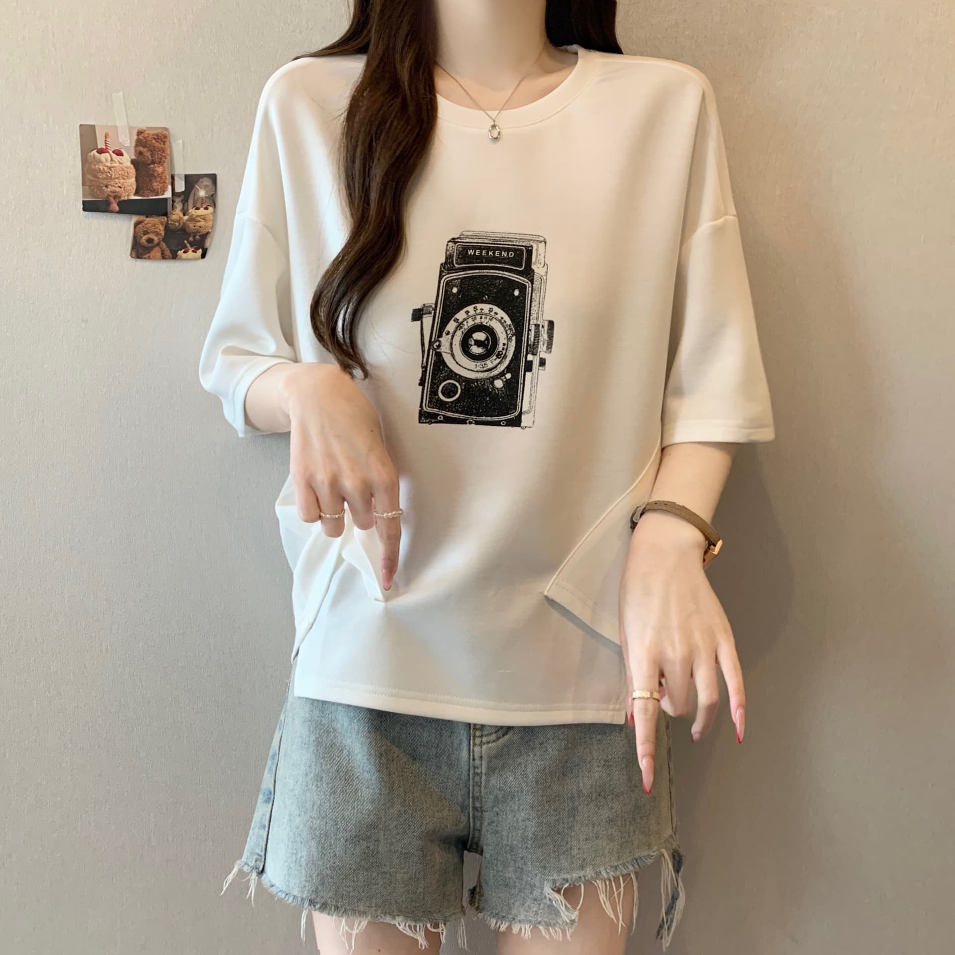 지방 mm 새로운 패션 프린트 패치워크 색상 불규칙 티셔츠 여성 루즈핏 슬림해 보이는 캐주얼 다용도 작은 대중 맨위 상세 이미지 5