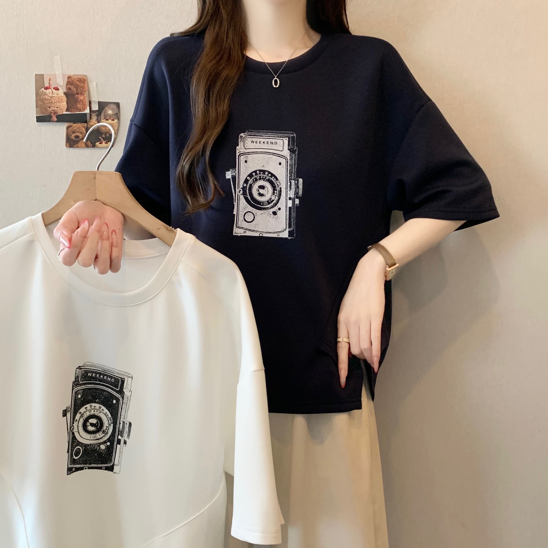 지방 mm 새로운 패션 프린트 패치워크 색상 불규칙 티셔츠 여성 루즈핏 슬림해 보이는 캐주얼 다용도 작은 대중 맨위 상세 이미지 11