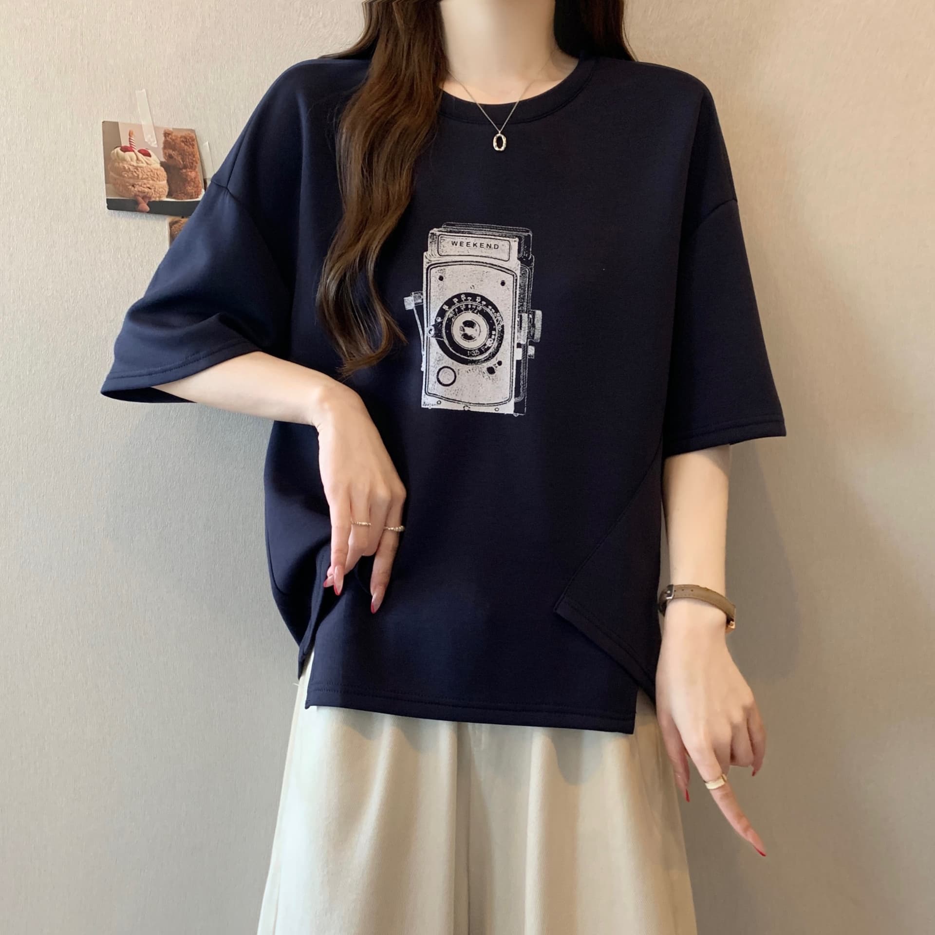 지방 mm 새로운 패션 프린트 패치워크 색상 불규칙 티셔츠 여성 루즈핏 슬림해 보이는 캐주얼 다용도 작은 대중 맨위 상세 이미지 12