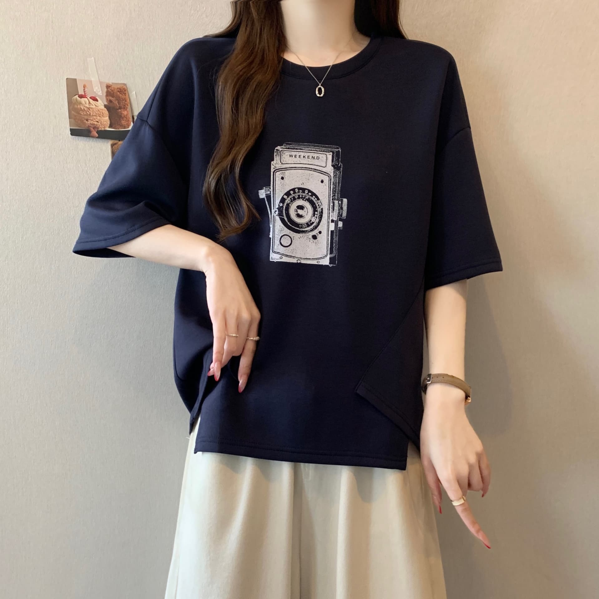 지방 mm 새로운 패션 프린트 패치워크 색상 불규칙 티셔츠 여성 루즈핏 슬림해 보이는 캐주얼 다용도 작은 대중 맨위 상세 이미지 13