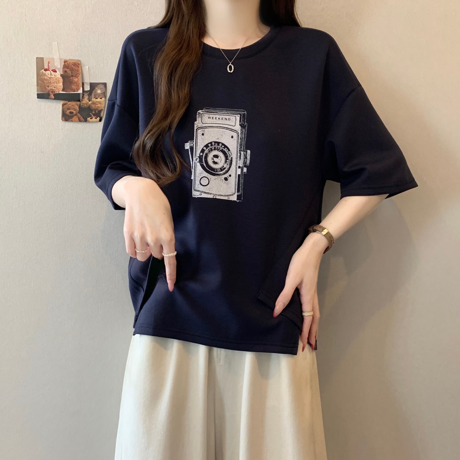 지방 mm 새로운 패션 프린트 패치워크 색상 불규칙 티셔츠 여성 루즈핏 슬림해 보이는 캐주얼 다용도 작은 대중 맨위 상세 이미지 14