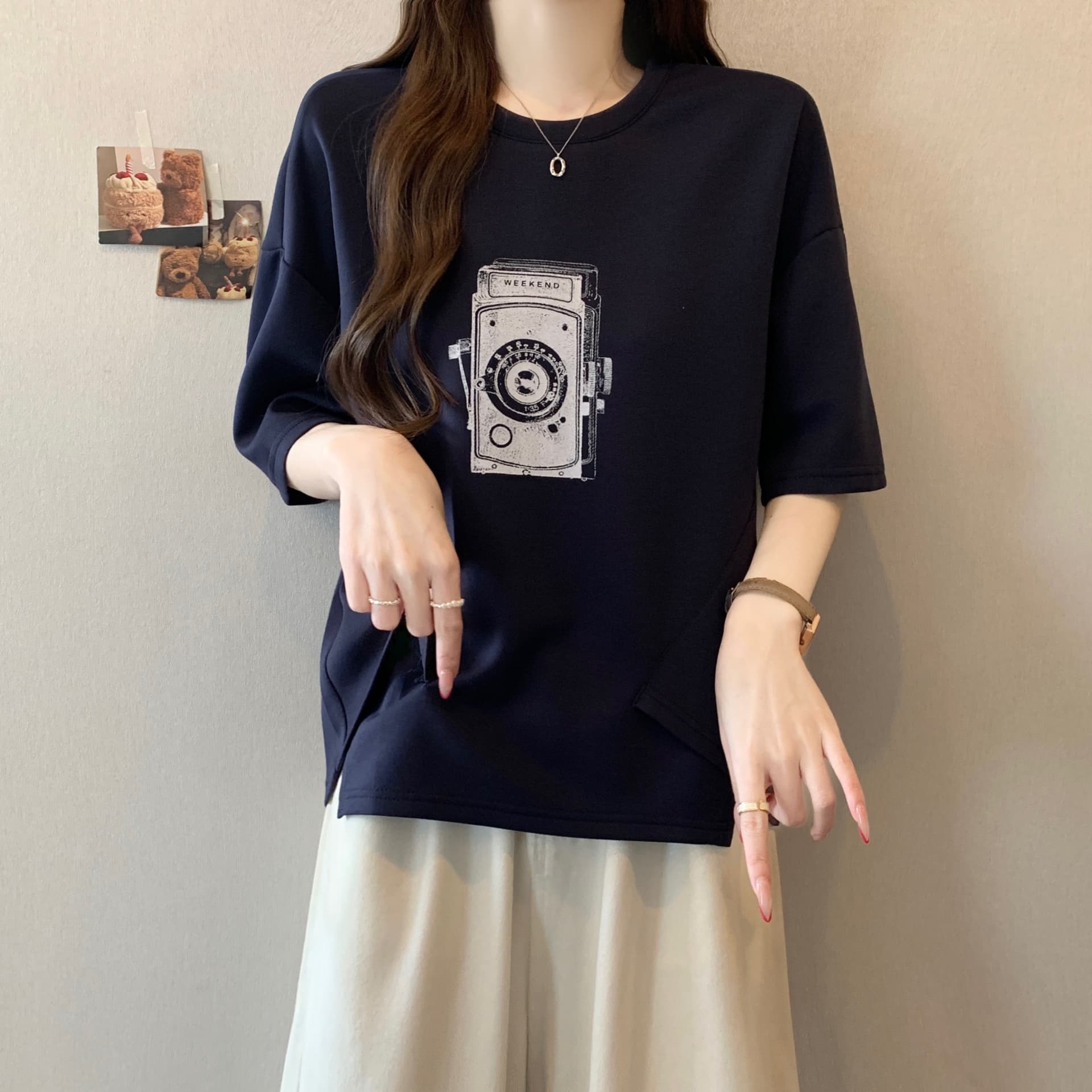 지방 mm 새로운 패션 프린트 패치워크 색상 불규칙 티셔츠 여성 루즈핏 슬림해 보이는 캐주얼 다용도 작은 대중 맨위 상세 이미지 15
