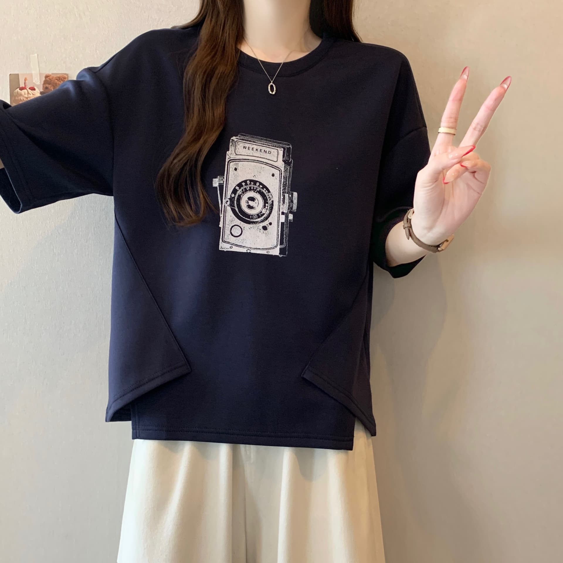 지방 mm 새로운 패션 프린트 패치워크 색상 불규칙 티셔츠 여성 루즈핏 슬림해 보이는 캐주얼 다용도 작은 대중 맨위 상세 이미지 16