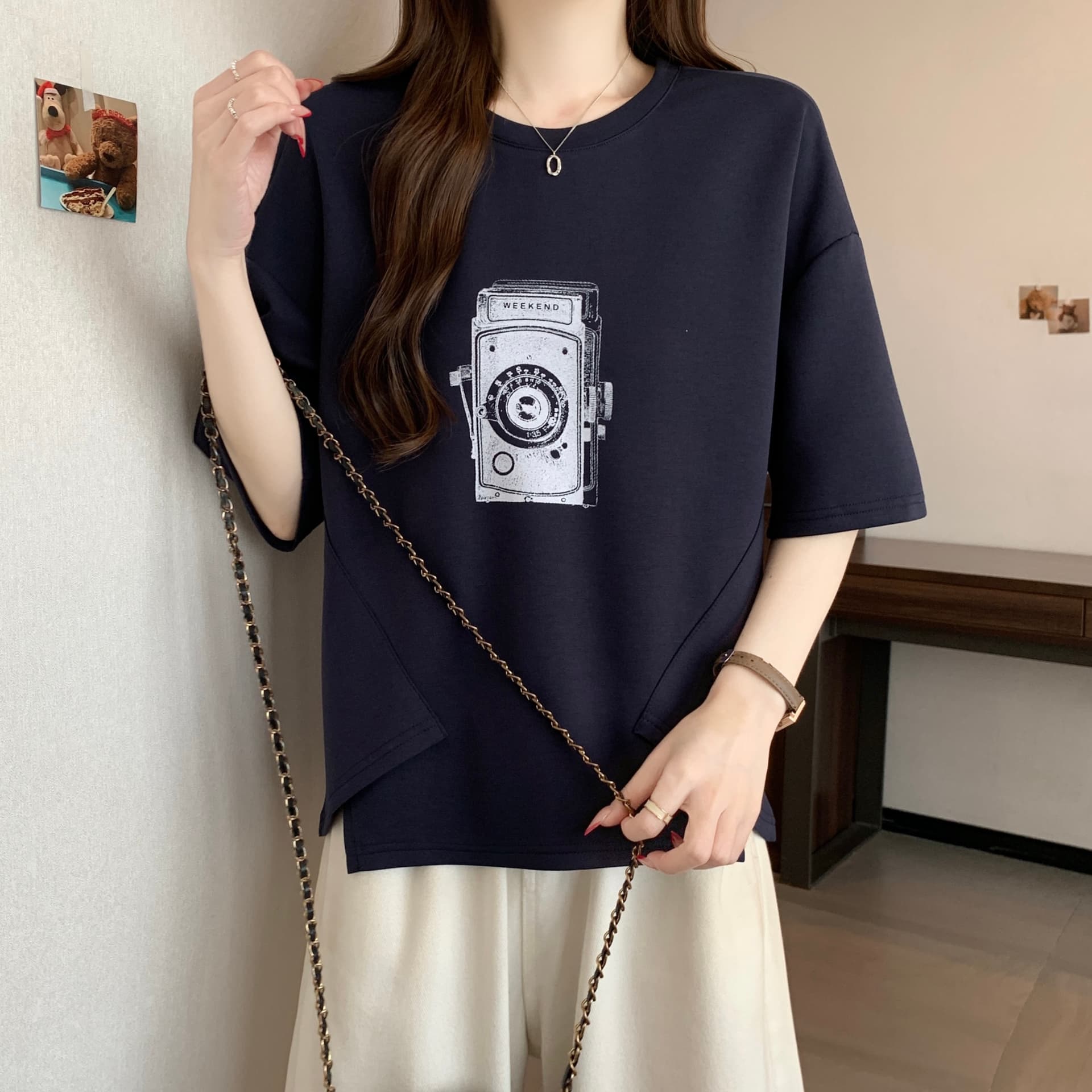지방 mm 새로운 패션 프린트 패치워크 색상 불규칙 티셔츠 여성 루즈핏 슬림해 보이는 캐주얼 다용도 작은 대중 맨위 상세 이미지 18