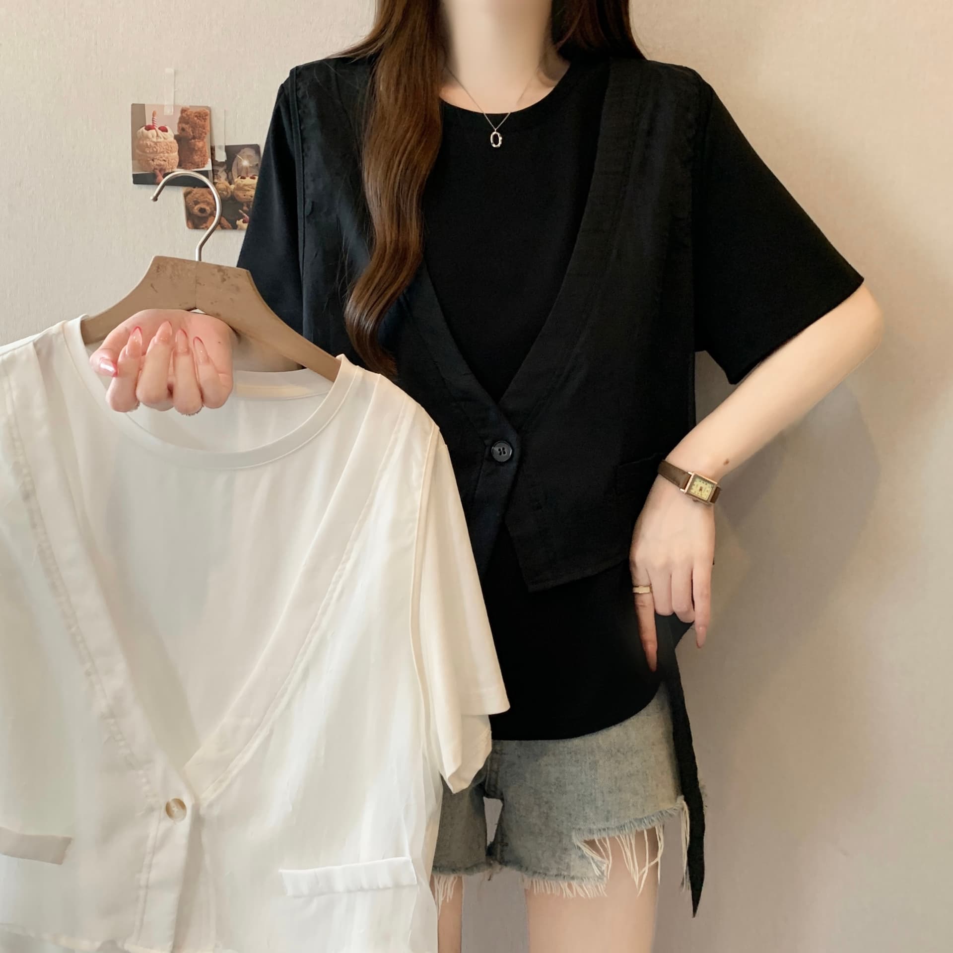 지방 mm 고유 한 슈퍼 잘 생긴 Tulle 베스트 조끼 페이크 레이어드 반팔 티셔츠 루즈핏 맨위 여성 2026 여름 새로운 이미지 2