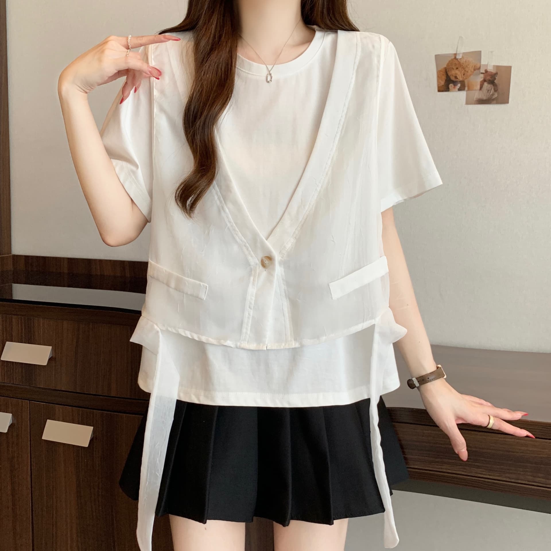 지방 mm 고유 한 슈퍼 잘 생긴 Tulle 베스트 조끼 페이크 레이어드 반팔 티셔츠 루즈핏 맨위 여성 2026 여름 새로운 이미지 5