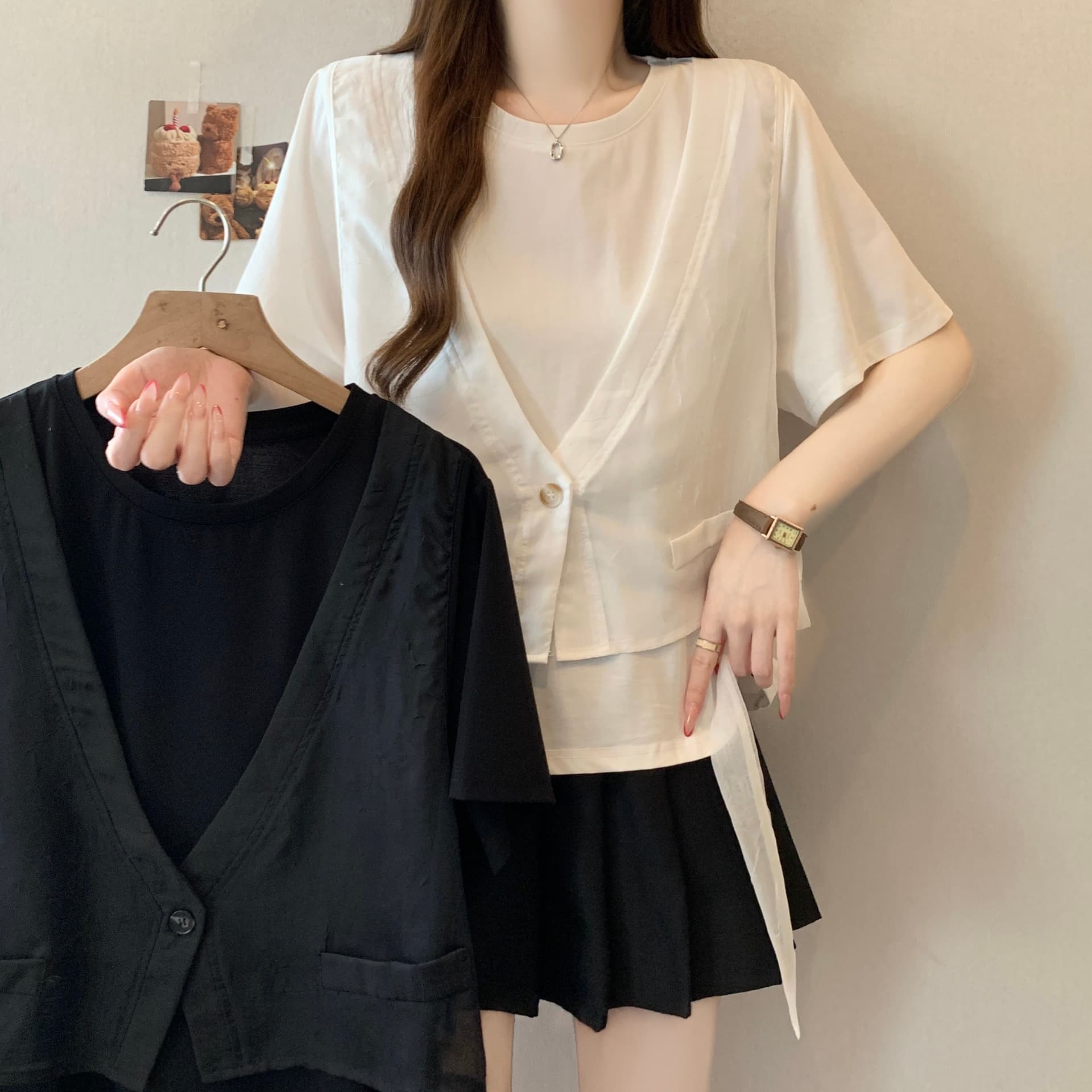 지방 mm 고유 한 슈퍼 잘 생긴 Tulle 베스트 조끼 페이크 레이어드 반팔 티셔츠 루즈핏 맨위 여성 2026 여름 새로운 상세 이미지 2