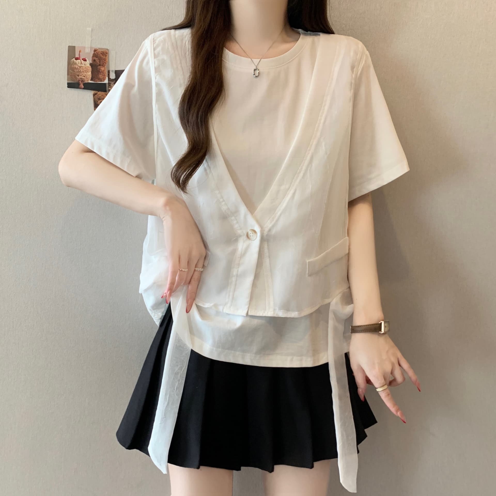 지방 mm 고유 한 슈퍼 잘 생긴 Tulle 베스트 조끼 페이크 레이어드 반팔 티셔츠 루즈핏 맨위 여성 2026 여름 새로운 상세 이미지 3