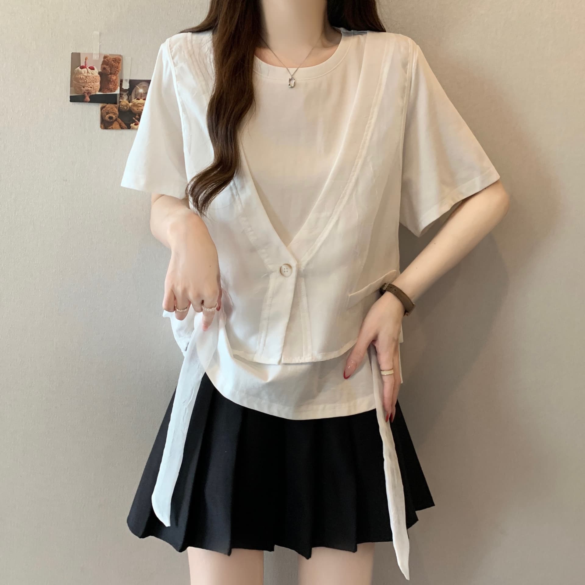 지방 mm 고유 한 슈퍼 잘 생긴 Tulle 베스트 조끼 페이크 레이어드 반팔 티셔츠 루즈핏 맨위 여성 2026 여름 새로운 상세 이미지 4