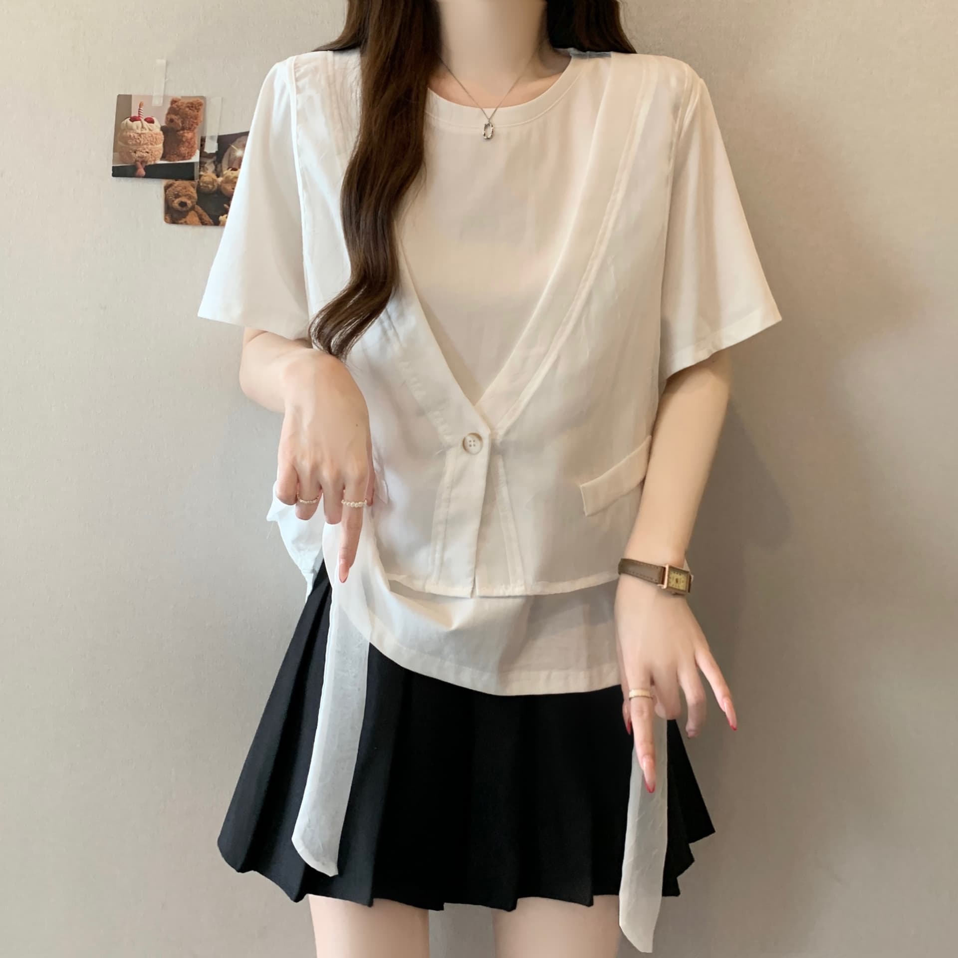 지방 mm 고유 한 슈퍼 잘 생긴 Tulle 베스트 조끼 페이크 레이어드 반팔 티셔츠 루즈핏 맨위 여성 2026 여름 새로운 상세 이미지 5