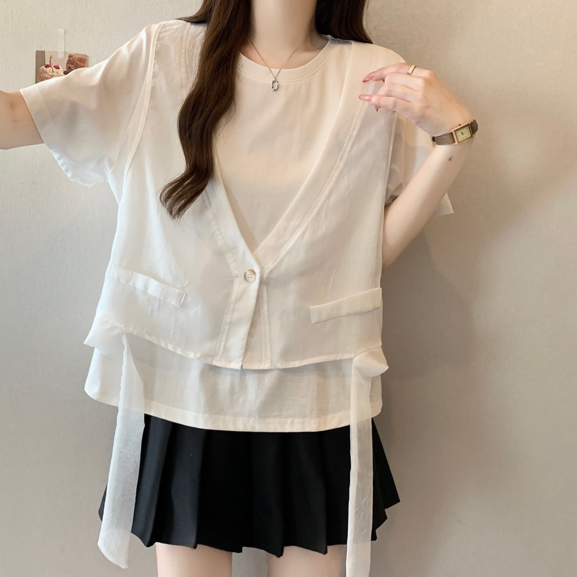 지방 mm 고유 한 슈퍼 잘 생긴 Tulle 베스트 조끼 페이크 레이어드 반팔 티셔츠 루즈핏 맨위 여성 2026 여름 새로운 상세 이미지 6